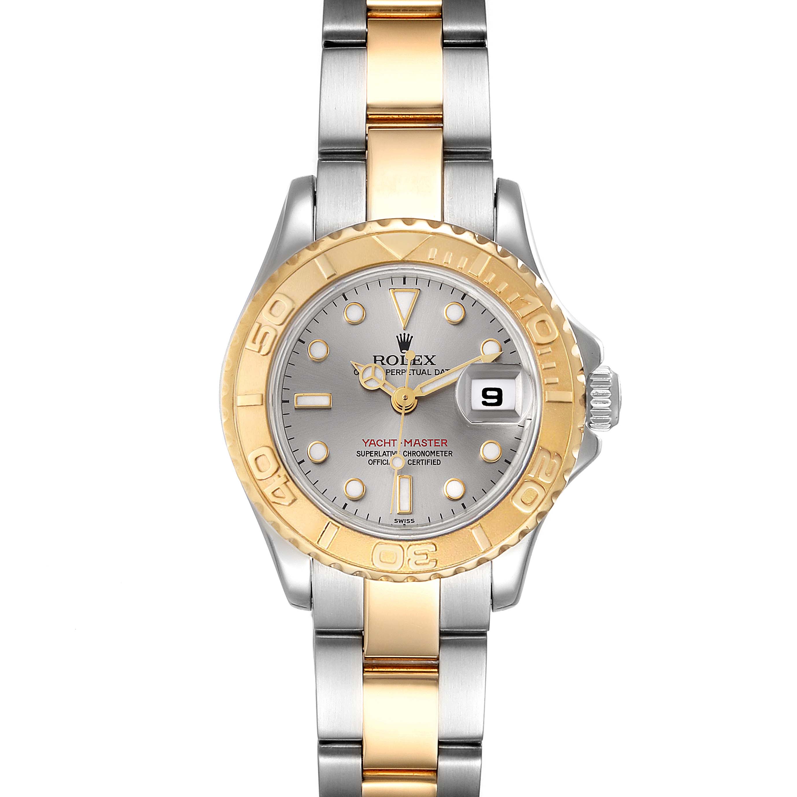 The image shows a Rolex Yacht-Master 69623 Women's Steel and Gold (two tone) Grey Dial 69623 Women's Steel and Gold (two tone) Grey Dial watch from a front angle, highlighting the bezel, dial, hands, date window, and bracelet.