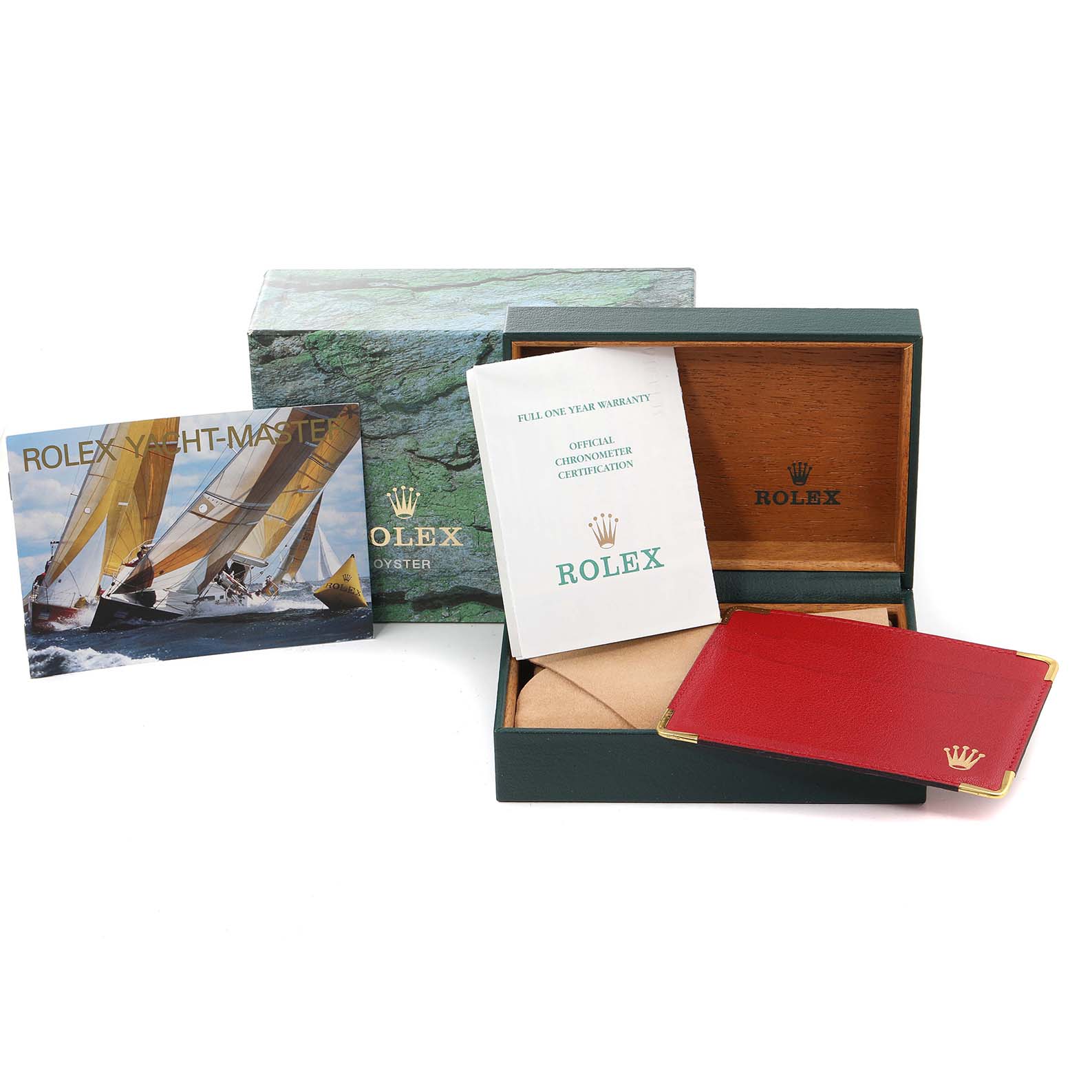 The image shows the Rolex Yacht-Master 69623 Women's Steel and Gold (two tone) Grey Dial 69623 Women's Steel and Gold (two tone) Grey Dial box, warranty cards, official chronometer certification, and instruction manual.