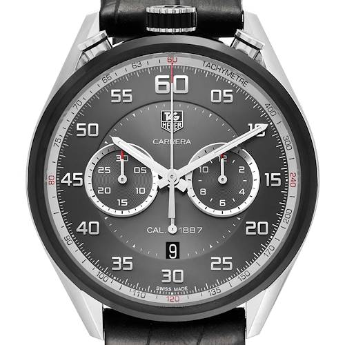 This image shows a front view of the Tag Heuer Carrera CAR2C12.FC6327 Men's Stainless Steel Grey Dial watch, highlighting the dial, subdials, and tachymetre scale.
