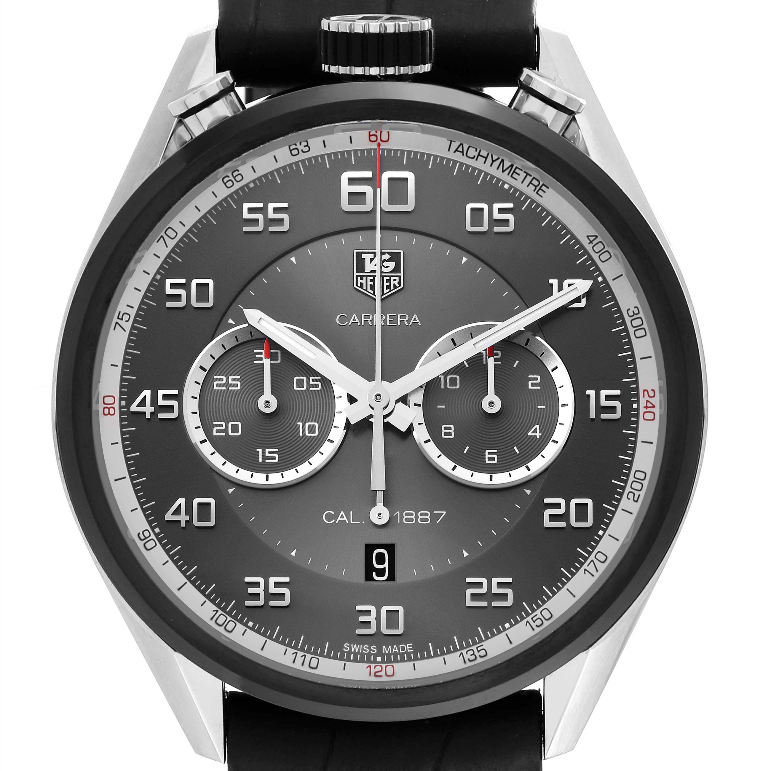 The Tag Heuer Carrera CAR2C12.FC6327 Men's Stainless Steel Grey Dial watch is shown from the front, displaying its dial, subdials, and bezel details.