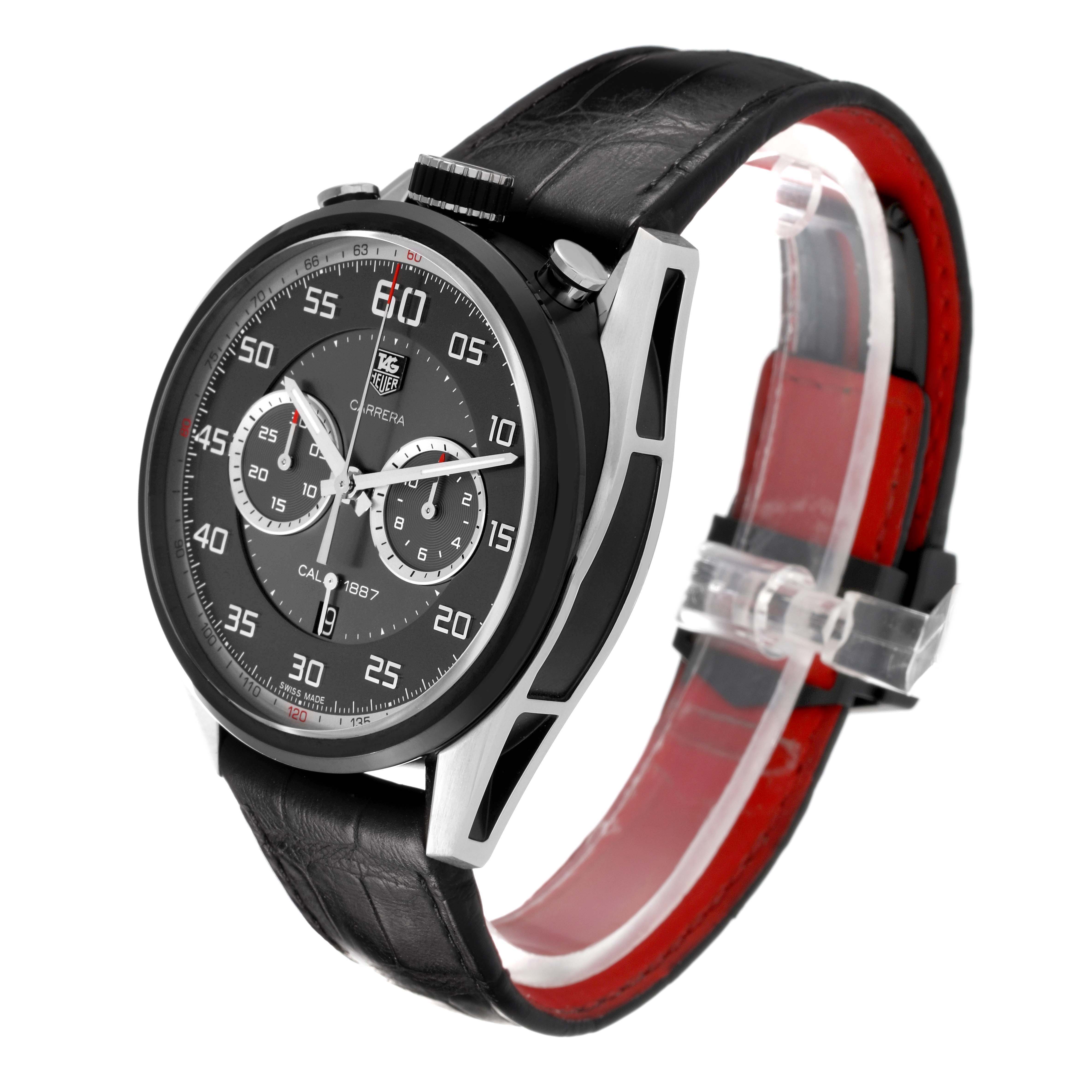 The Tag Heuer Carrera CAR2C12.FC6327 Men's Stainless Steel Grey Dial watch is shown from a front-side angle, displaying the dial, bezel, crown, pushers, and leather strap.