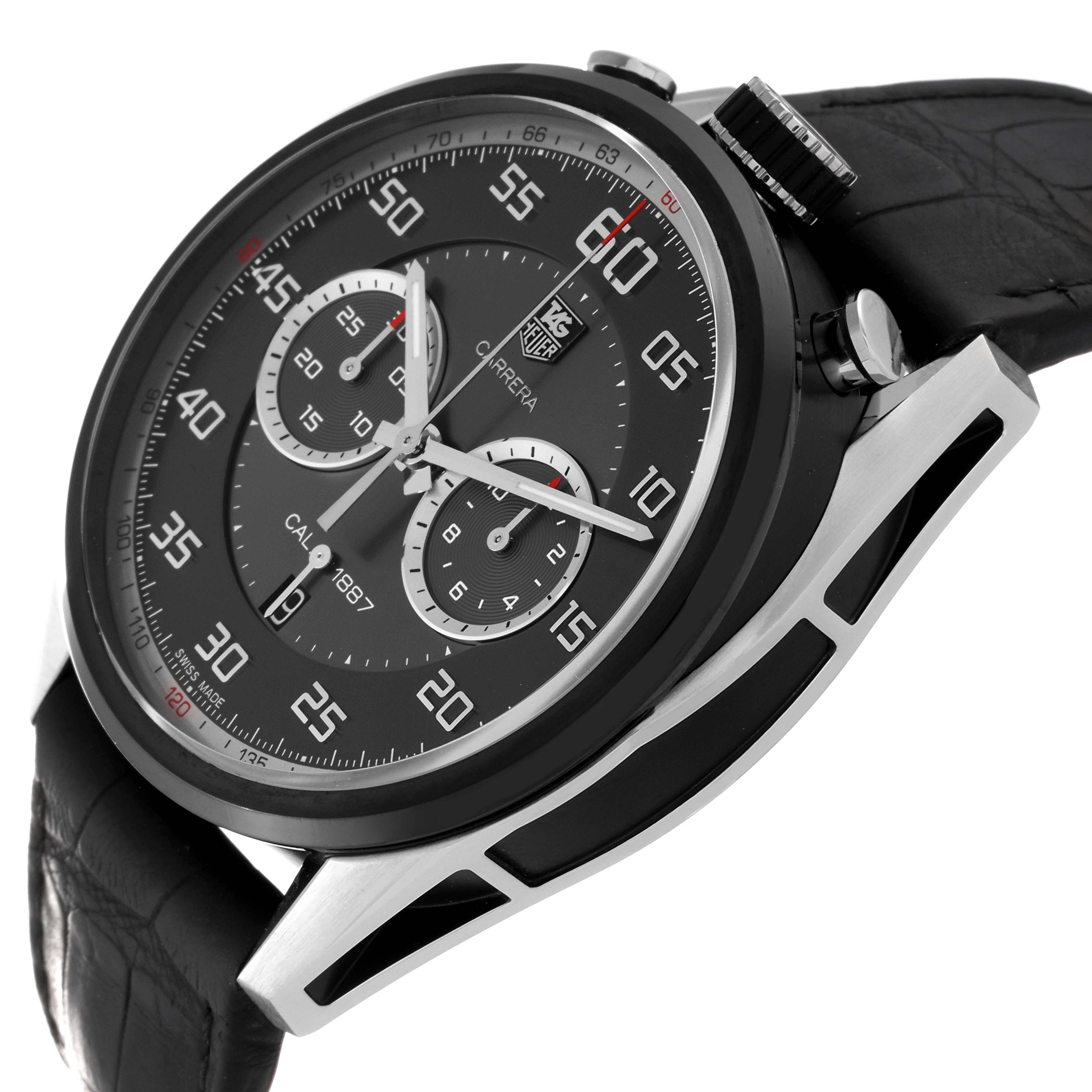 The image shows a Tag Heuer Carrera CAR2C12.FC6327 Men
s Stainless Steel Grey Dial CAR2C12.FC6327 Men
s Stainless Steel Grey Dial watch at an angle, highlighting the dial, crown, and part of the leather strap.