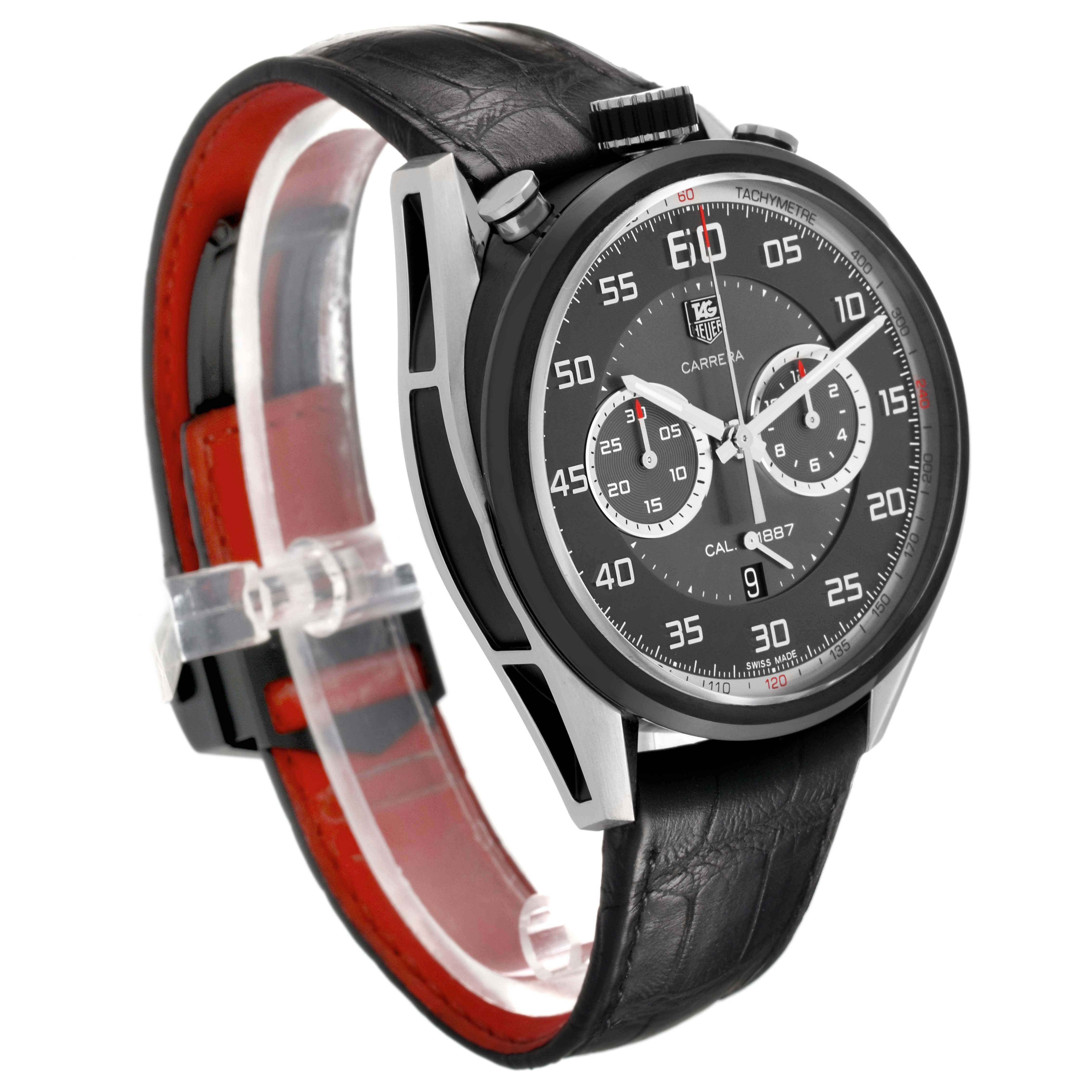 The Tag Heuer Carrera CAR2C12.FC6327 Men's Stainless Steel Grey Dial watch is shown from a three-quarter angle, highlighting the dial, bezel, case, and leather strap.