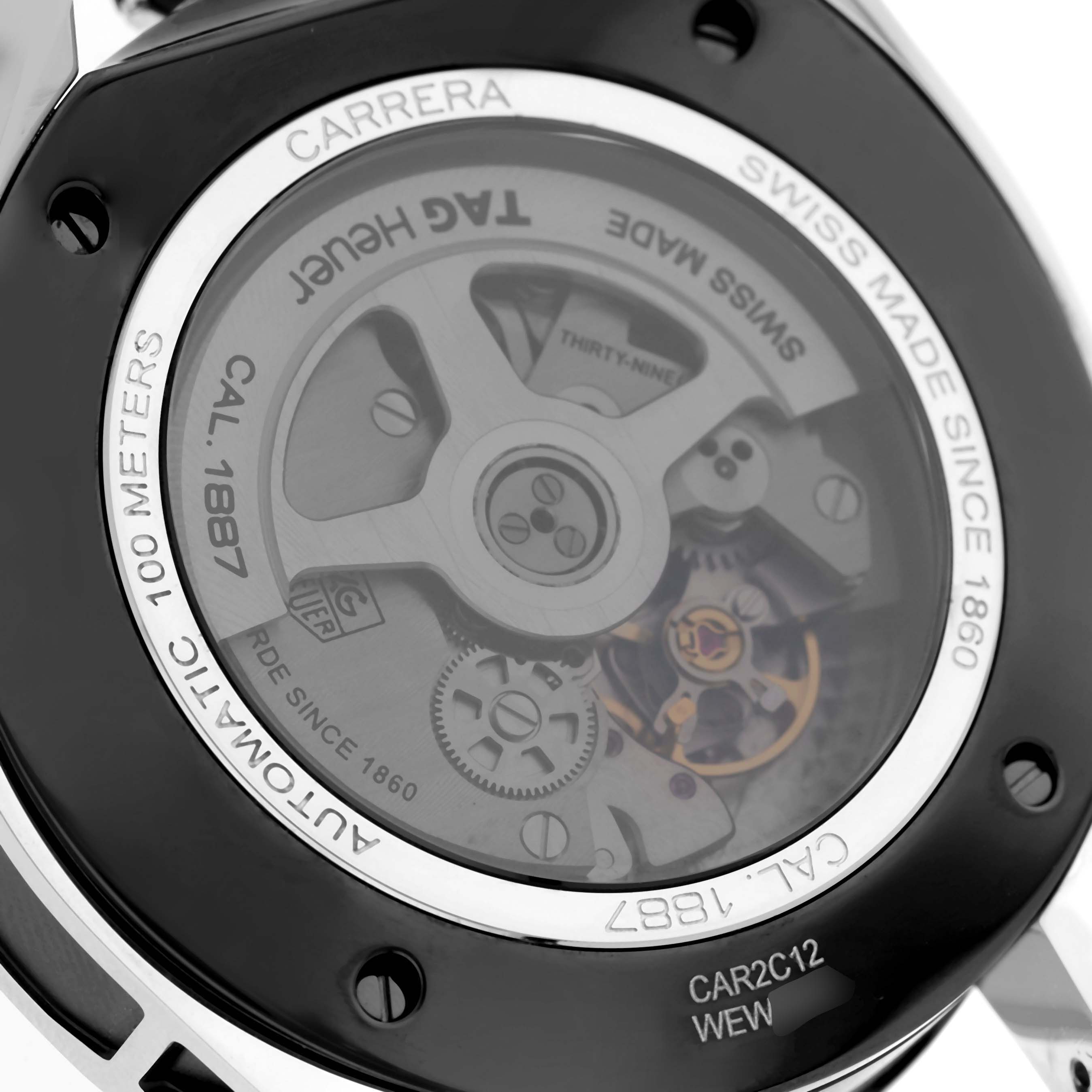 This image shows the back view of the Tag Heuer Carrera CAR2C12.FC6327 Men
s Stainless Steel Grey Dial CAR2C12.FC6327 Men
s Stainless Steel Grey Dial watch, featuring the Calibre 1887 movement.