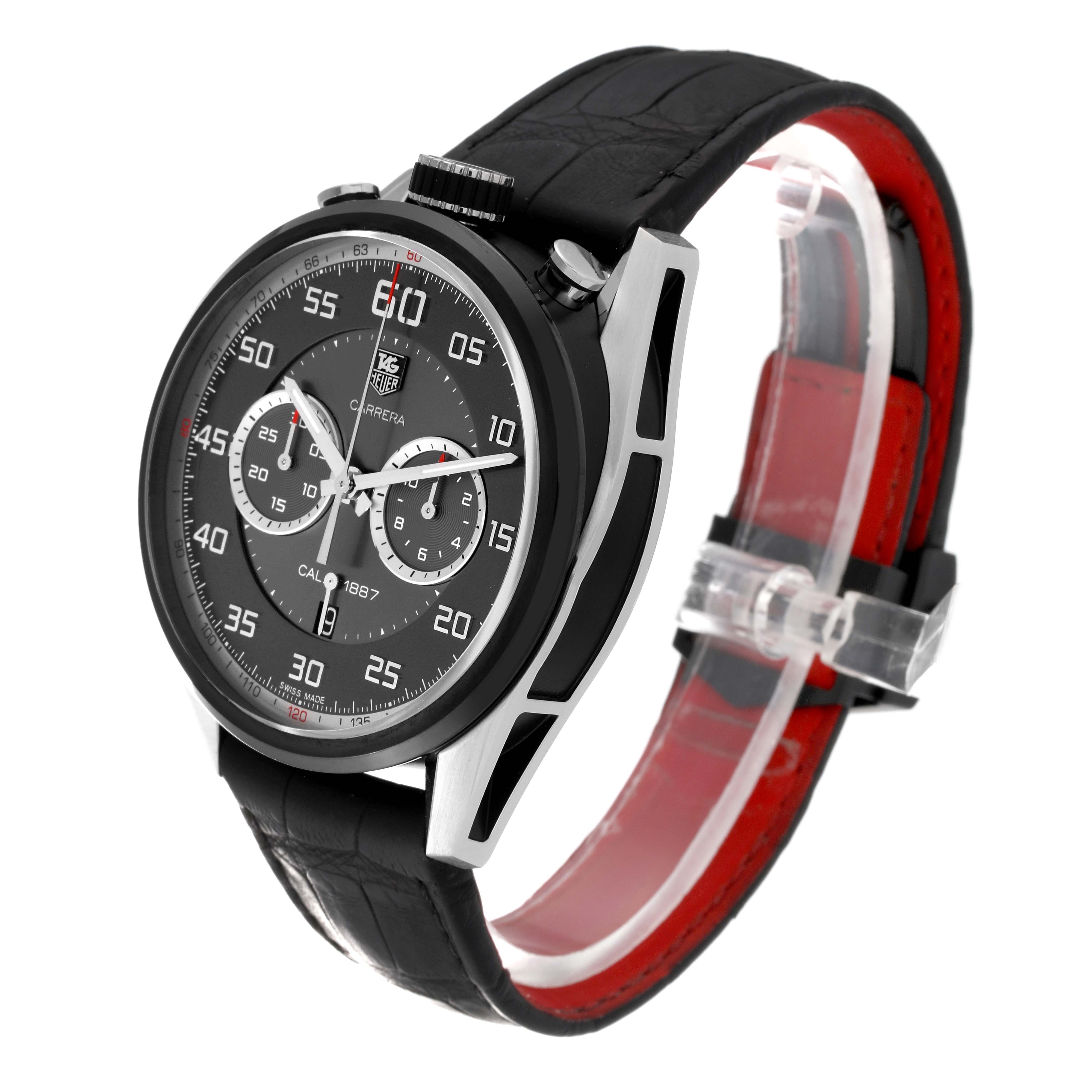 The Tag Heuer Carrera CAR2C12.FC6327 Men's Stainless Steel Grey Dial watch is shown at a three-quarter angle, highlighting the face, chronograph, and leather strap.