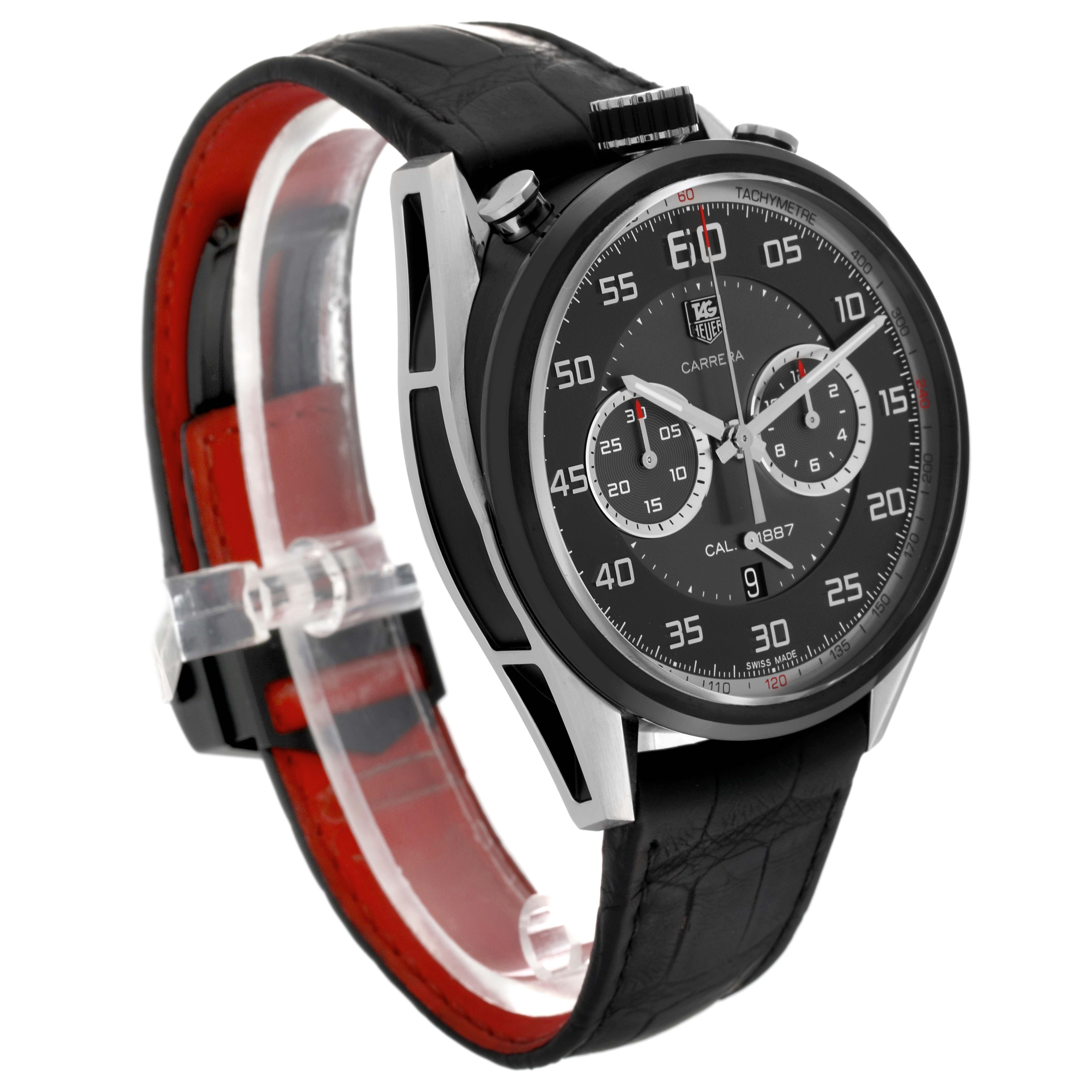 The image shows a Tag Heuer Carrera CAR2C12.FC6327 Men
s Stainless Steel Grey Dial CAR2C12.FC6327 Men
s Stainless Steel Grey Dial watch angled from the front-left, highlighting the face, bezel, and strap.