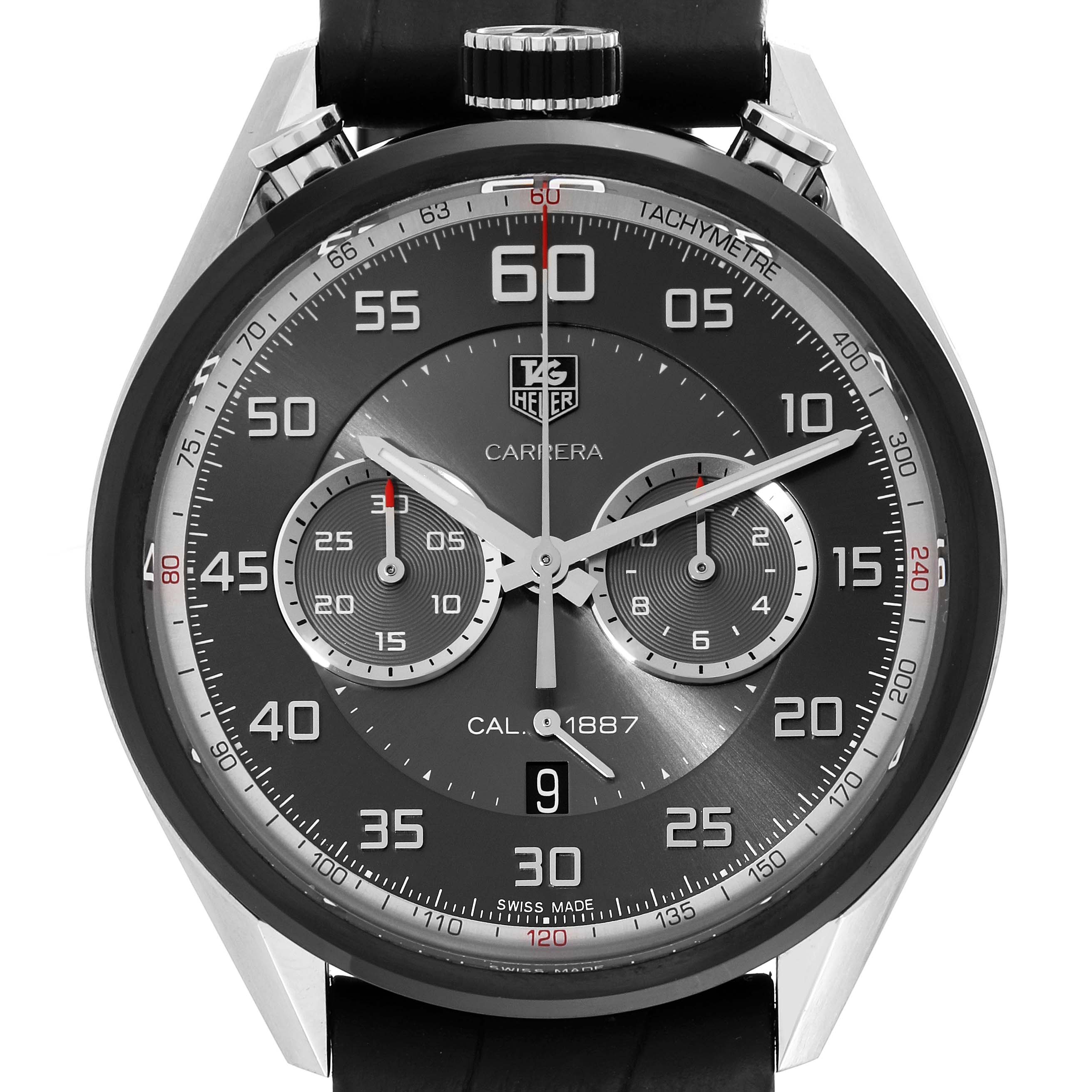 The Tag Heuer Carrera CAR2C12.FC6327 Men
s Stainless Steel Grey Dial CAR2C12.FC6327 Men
s Stainless Steel Grey Dial model is shown from a front angle, displaying the watch face, hands, subdials, and tachymeter scale.