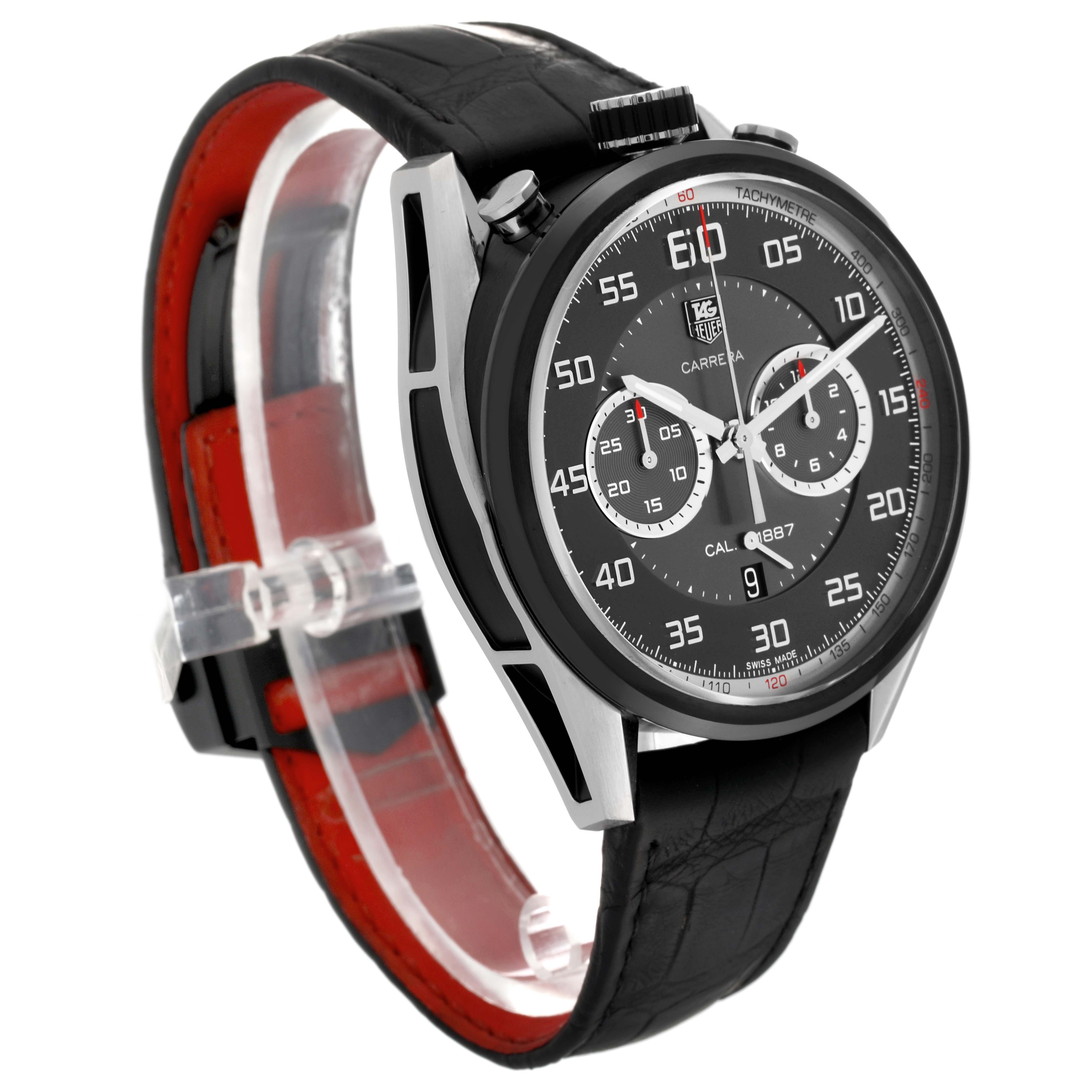 The Tag Heuer Carrera CAR2C12.FC6327 Men's Stainless Steel Grey Dial model watch is shown from a three-quarter angle, displaying the face, bezel, pushers, and leather strap.