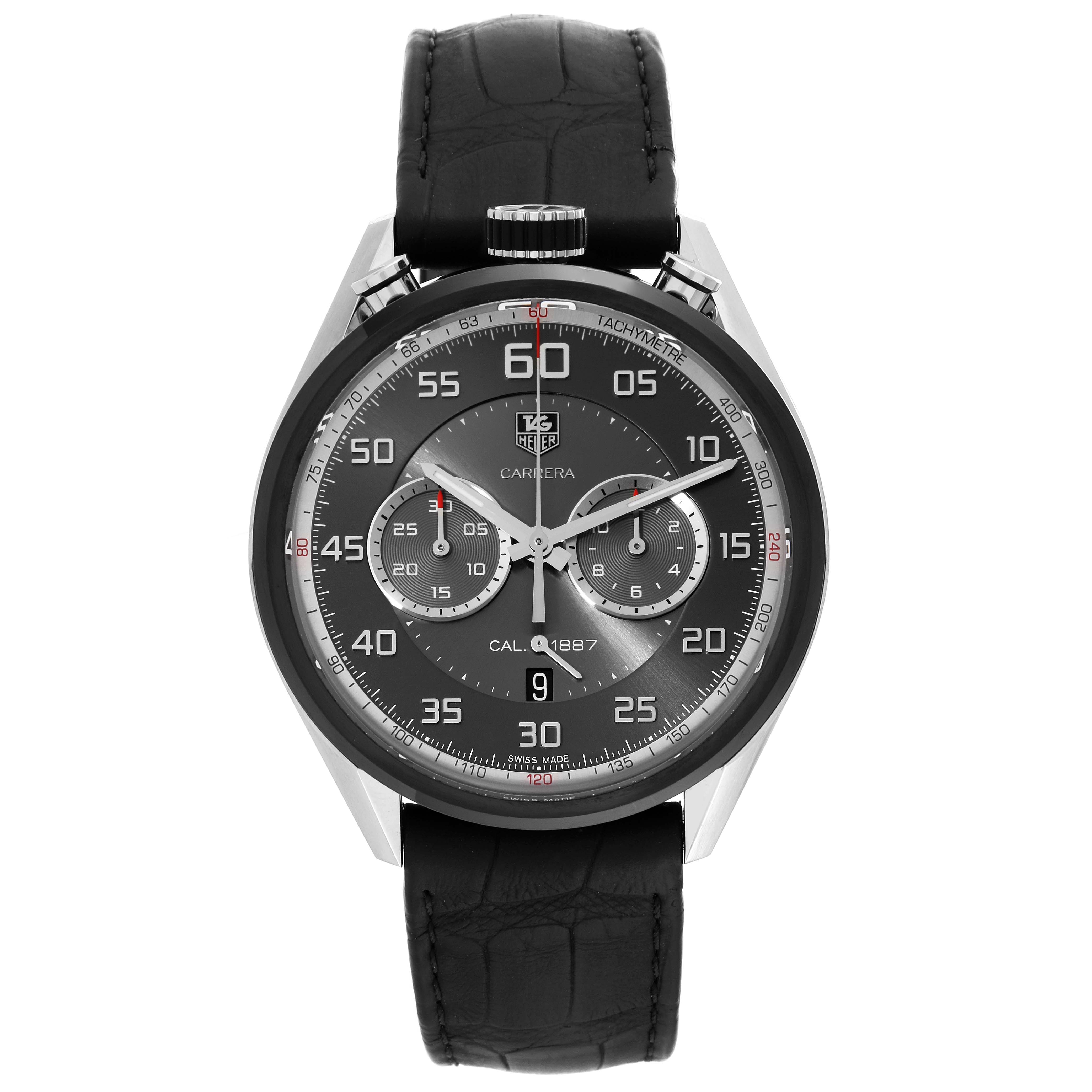 The image shows a frontal view of a Tag Heuer Carrera CAR2C12.FC6327 Men
s Stainless Steel Grey Dial CAR2C12.FC6327 Men
s Stainless Steel Grey Dial watch, displaying the face, case, and leather strap.