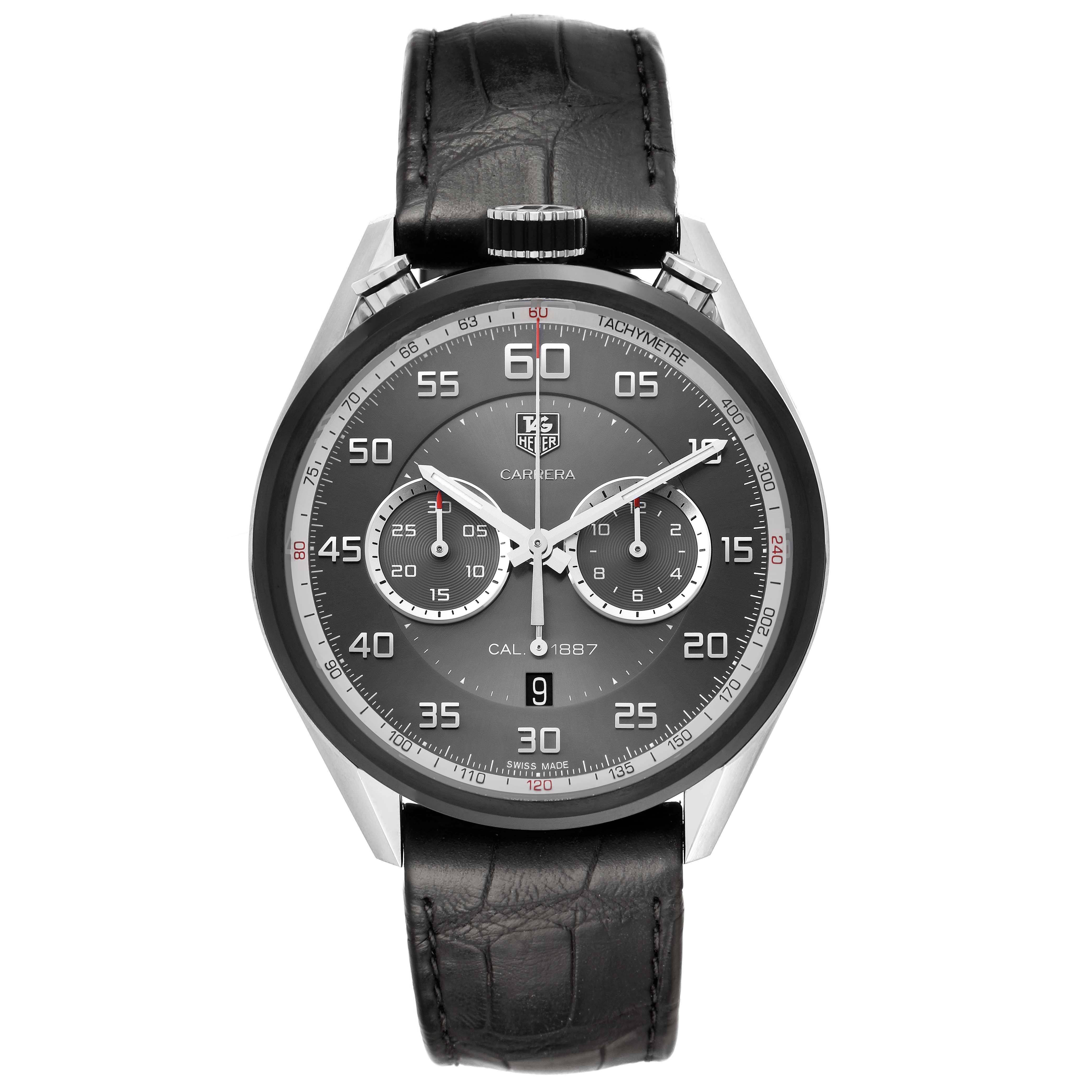 The Tag Heuer Carrera CAR2C12.FC6327 Men's Stainless Steel Grey Dial watch is shown from a front angle, highlighting the dial, crown, and leather strap.