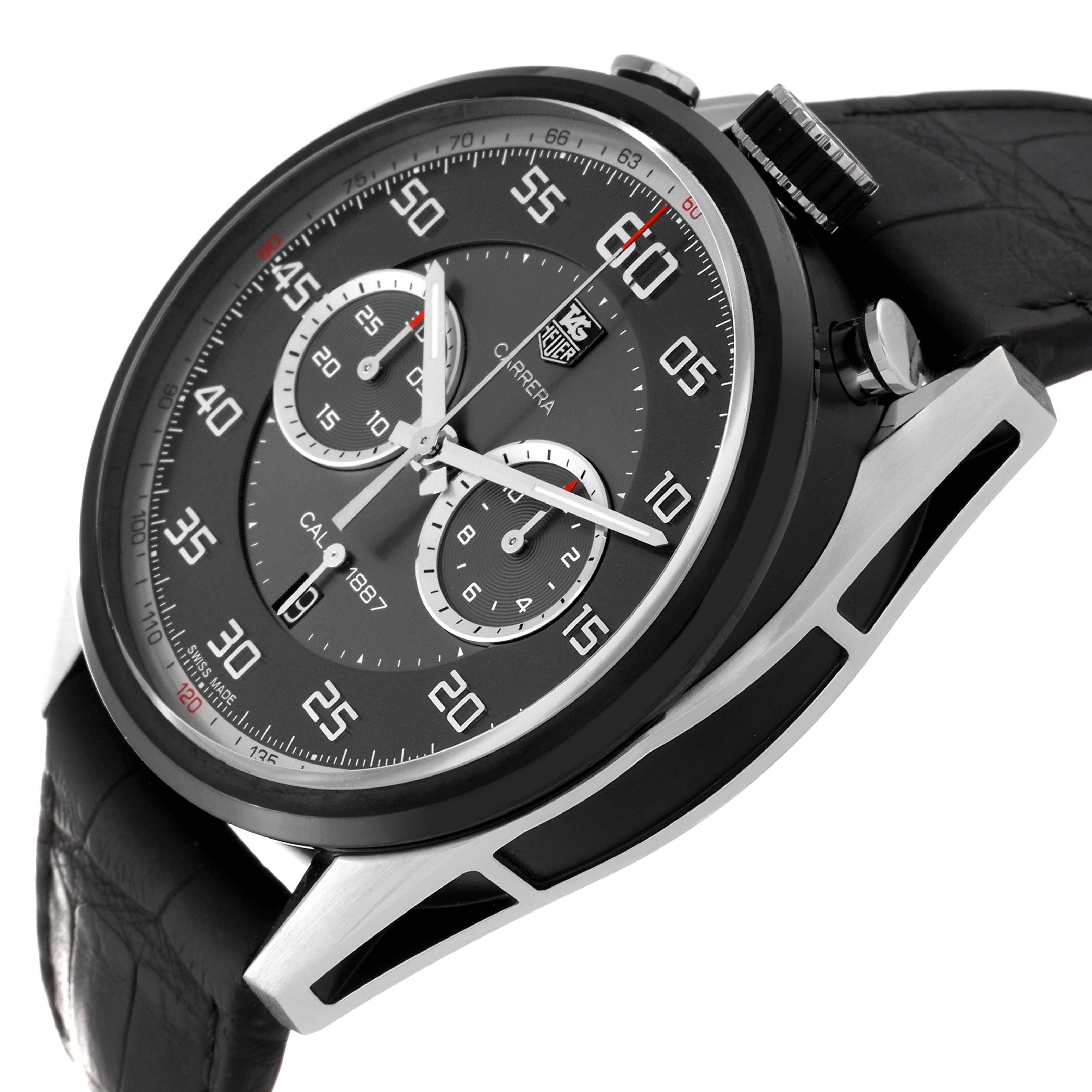 The Tag Heuer Carrera CAR2C12.FC6327 Men's Stainless Steel Grey Dial watch is shown at a side angle, highlighting the dial, bezel, crown, and part of the black strap.