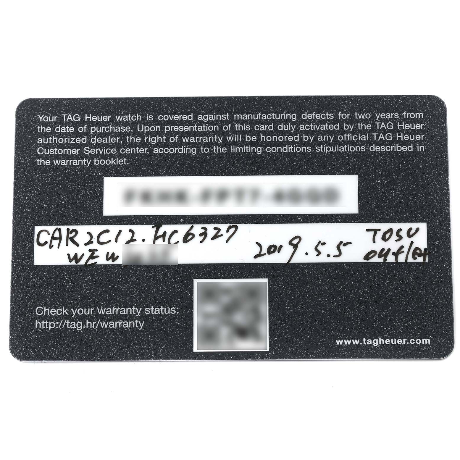 The image shows a warranty card for the Carrera model by Tag Heuer, containing purchase and identification details.