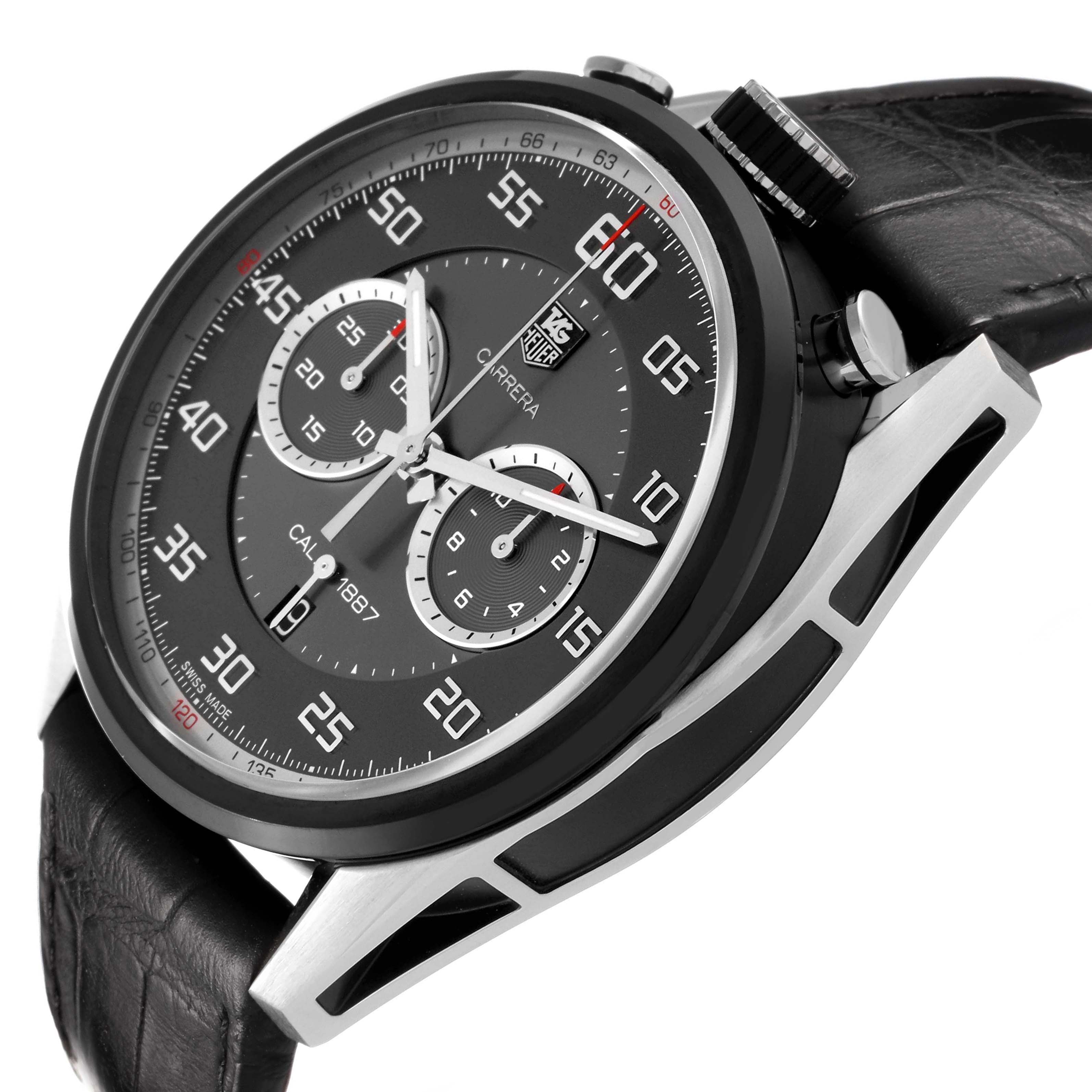 The Tag Heuer Carrera CAR2C12.FC6327 Men's Stainless Steel Grey Dial watch is shown at an angled side view, highlighting the dial, bezel, crown, and lugs.