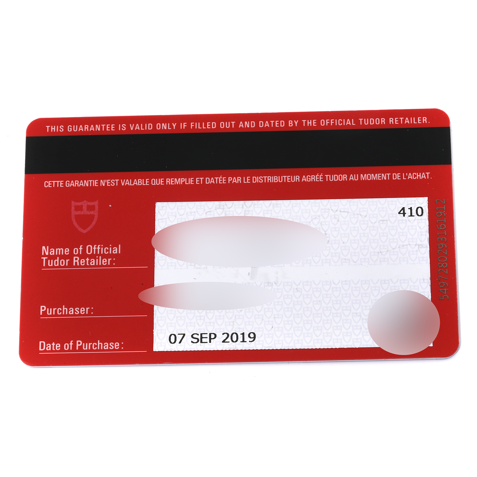 The image shows a warranty card for the Tudor Heritage Black Bay 79030N Men's Stainless Steel Black Dial 79030N Men's Stainless Steel Black Dial watch, detailing the official retailer and purchase date.