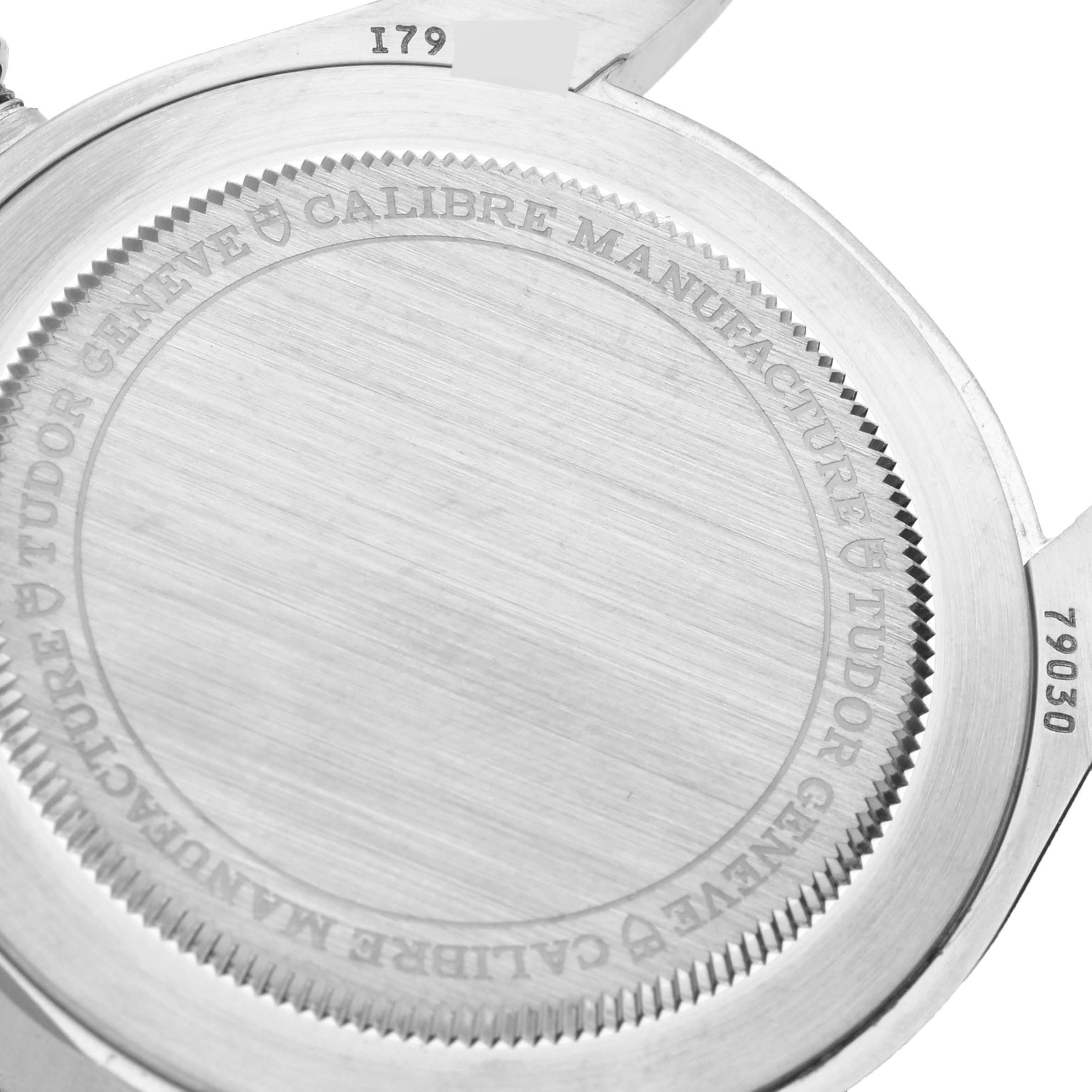 This image shows the caseback of the Tudor Heritage Black Bay 79030N Men's Stainless Steel Black Dial 79030N Men's Stainless Steel Black Dial watch, displaying engravings and model number details.