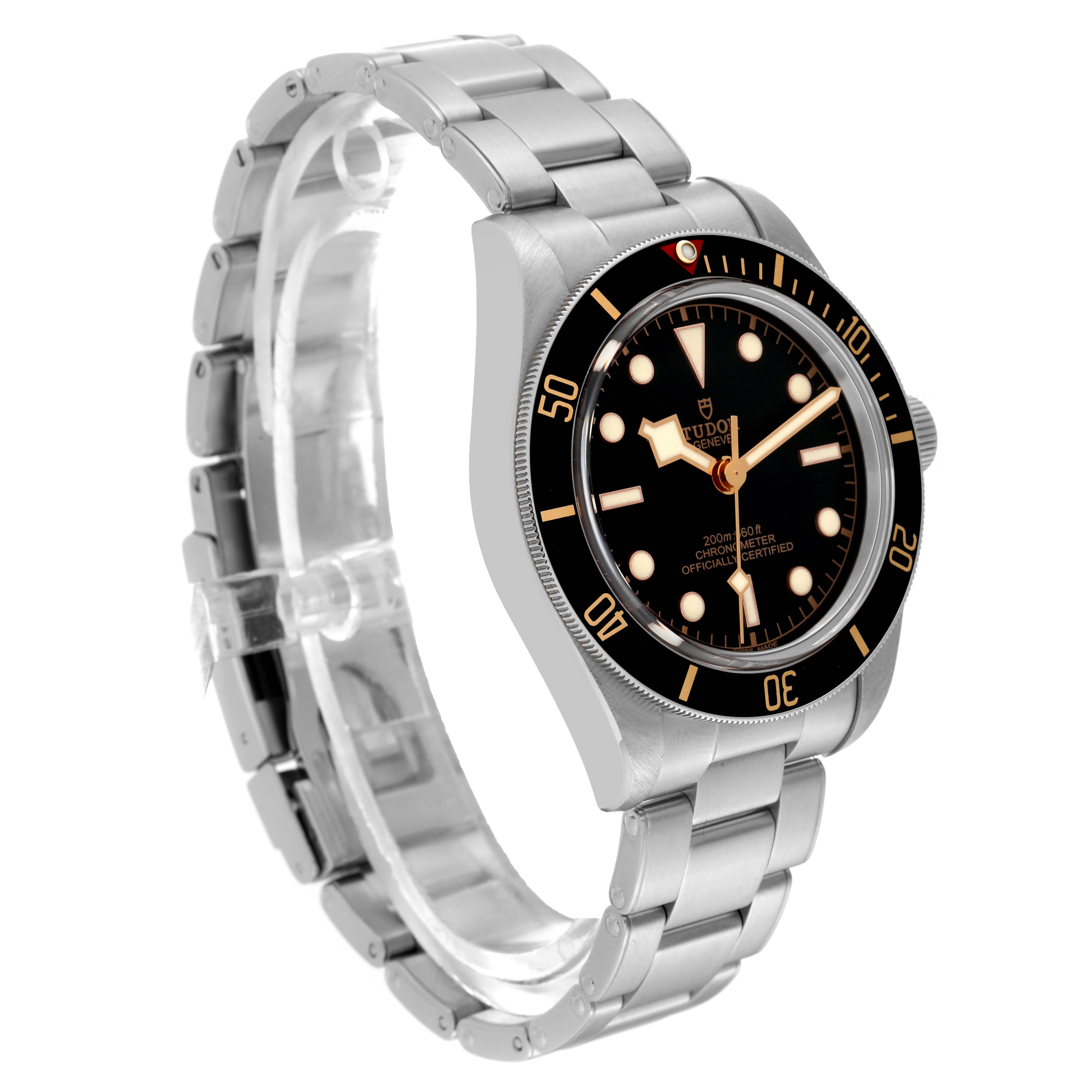 The image shows a left-angle view of the Tudor Heritage Black Bay 79030N Men's Stainless Steel Black Dial 79030N Men's Stainless Steel Black Dial watch, highlighting its bezel, dial, and stainless steel bracelet.