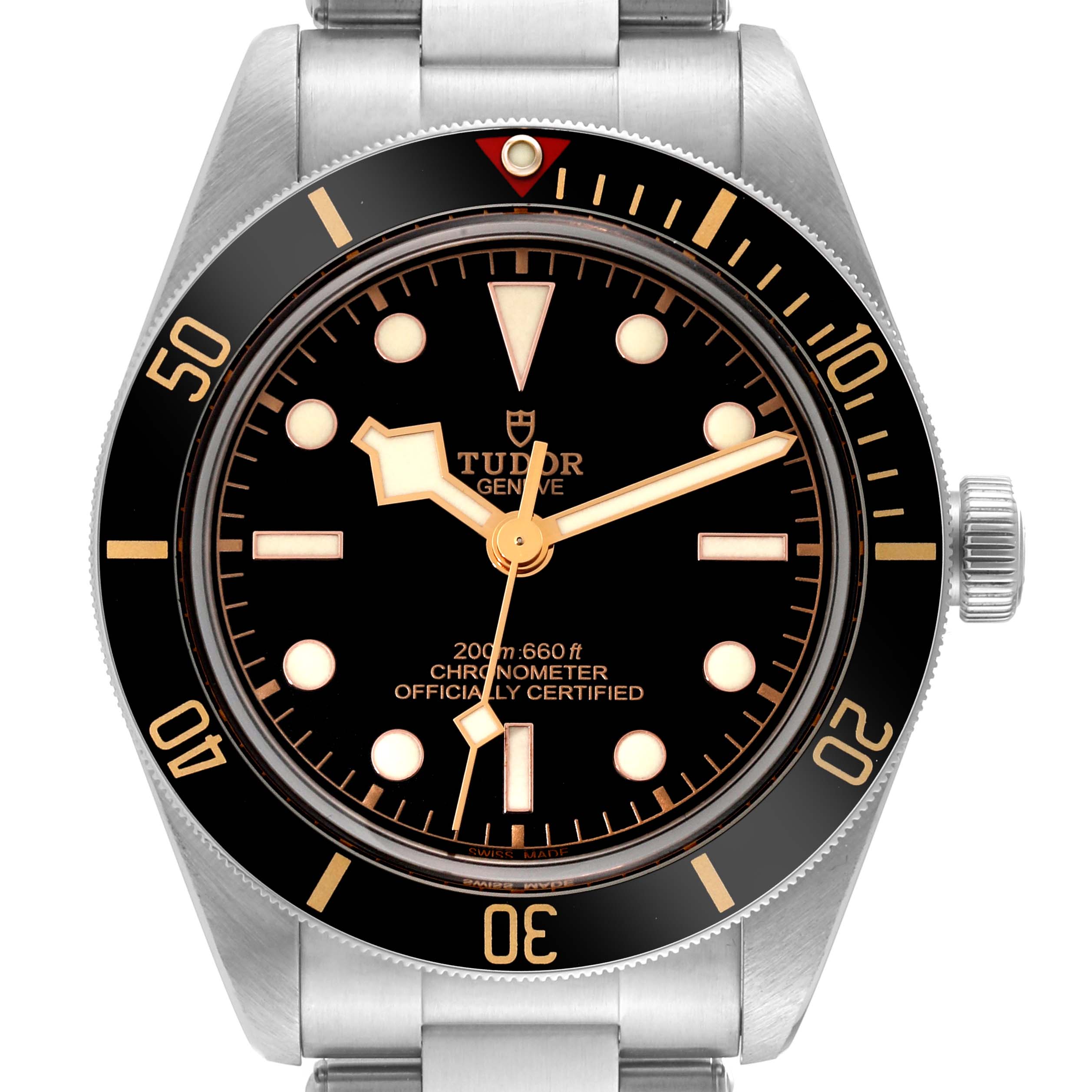 The image shows a Tudor Heritage Black Bay 79030N Men's Stainless Steel Black Dial 79030N Men's Stainless Steel Black Dial watch viewed from the front, highlighting its bezel, dial, and crown.