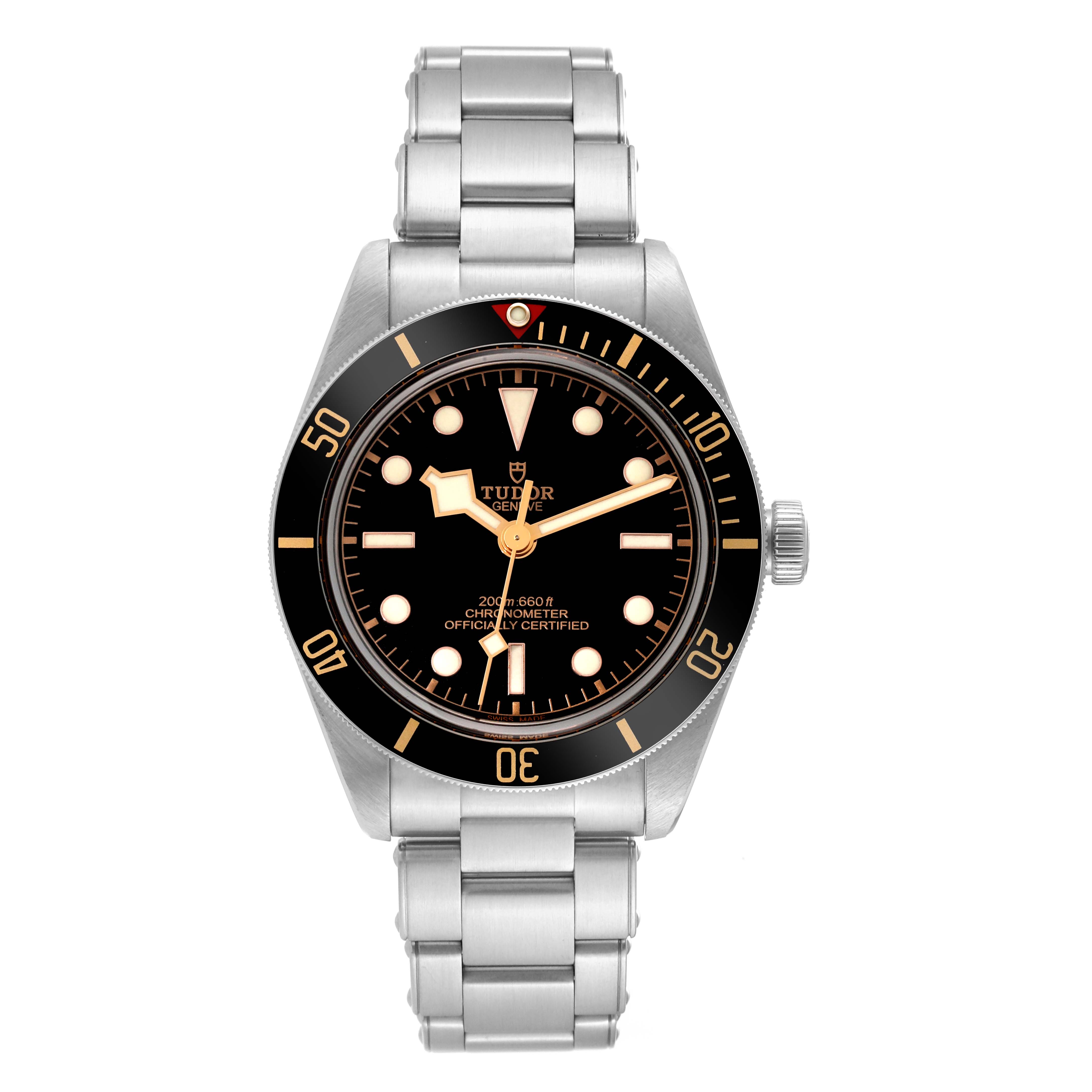 The image shows a front-facing view of the Tudor Heritage Black Bay 79030N Men's Stainless Steel Black Dial 79030N Men's Stainless Steel Black Dial watch, highlighting the dial, bezel, and bracelet.