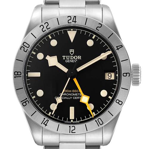The Tudor Heritage Black Bay M79470-0001 Men's Stainless Steel Black Dial watch is shown from the front, displaying its dial, bezel, hands, and bracelet.