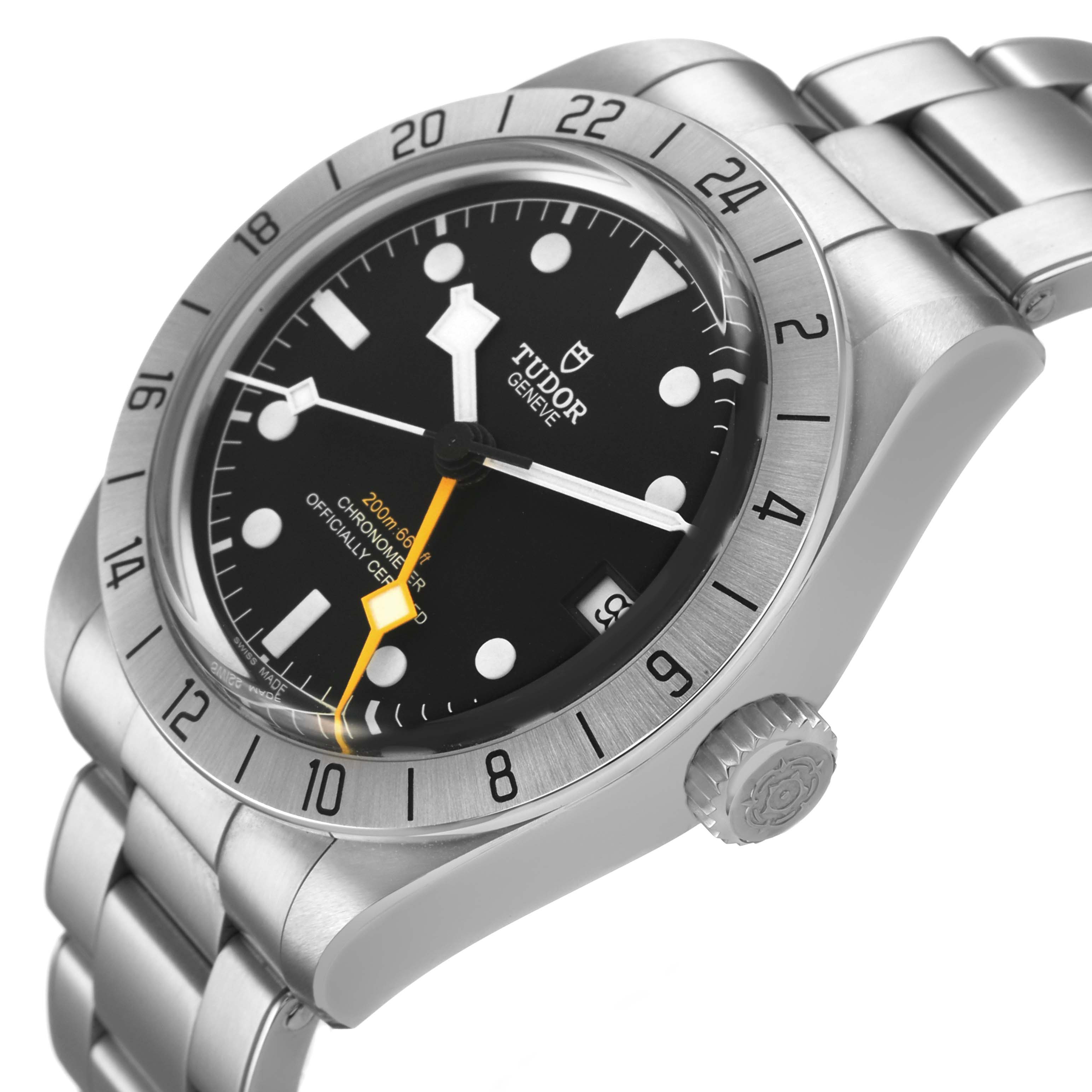 The Tudor Heritage Black Bay M79470-0001 Men's Stainless Steel Black Dial watch is shown at an angle highlighting the dial, bezel, crown, and a portion of the bracelet.