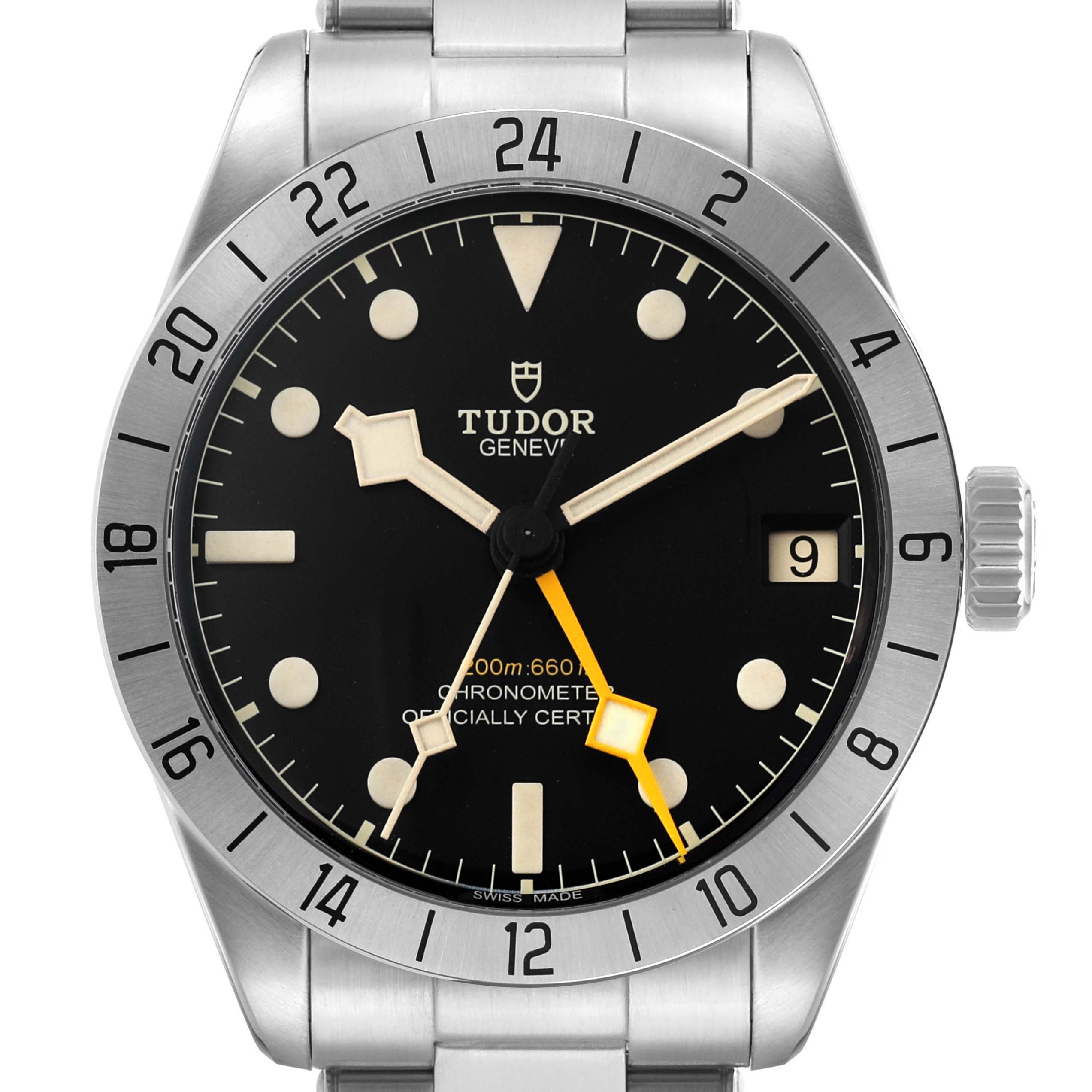 The Tudor Heritage Black Bay M79470-0001 Men's Stainless Steel Black Dial watch is shown from the front, displaying the dial, bezel, hour markers, and crown.