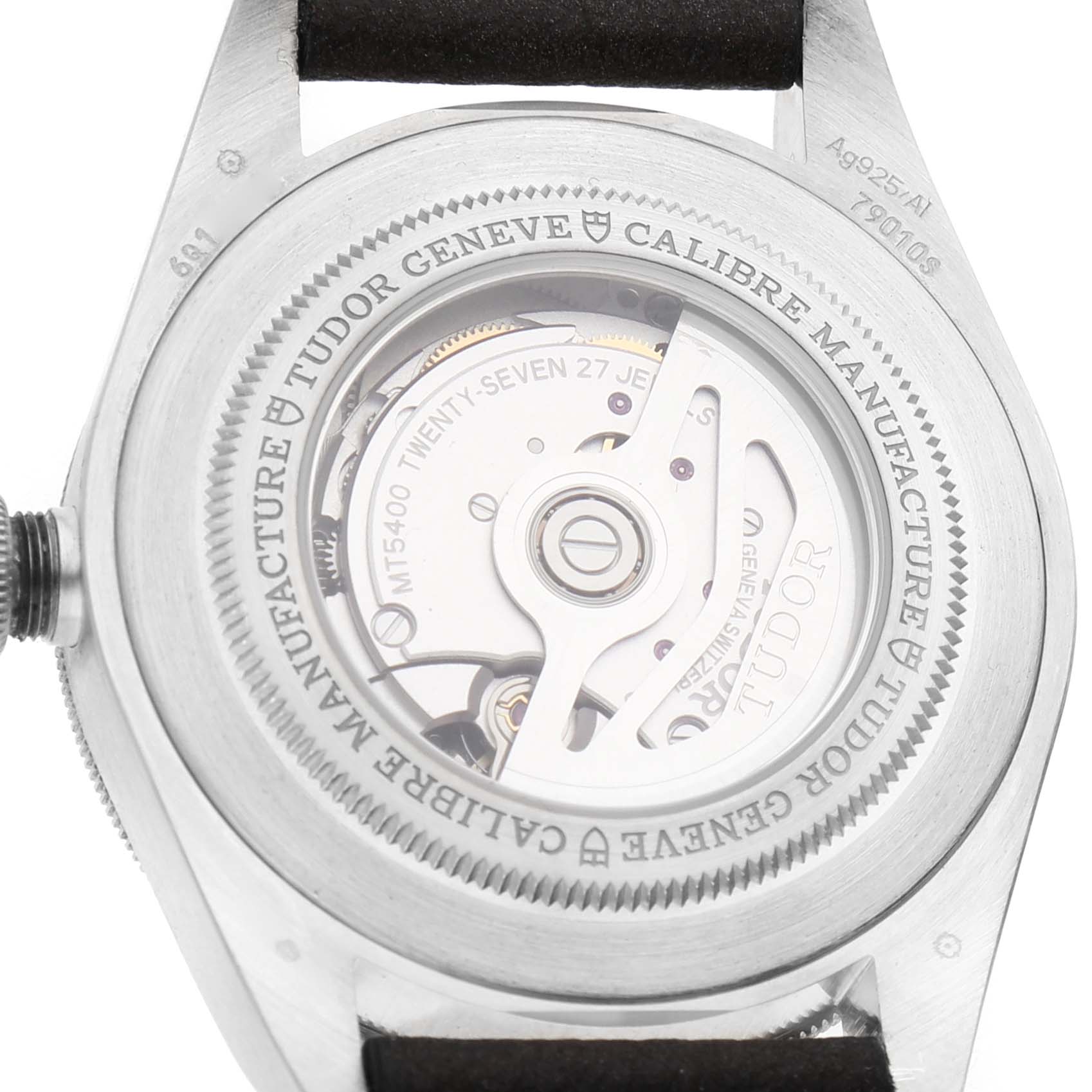 The image shows the case back of the Tudor Heritage Black Bay M79010SG-0001 Men's Stainless Steel Grey Dial, highlighting the movement inside.