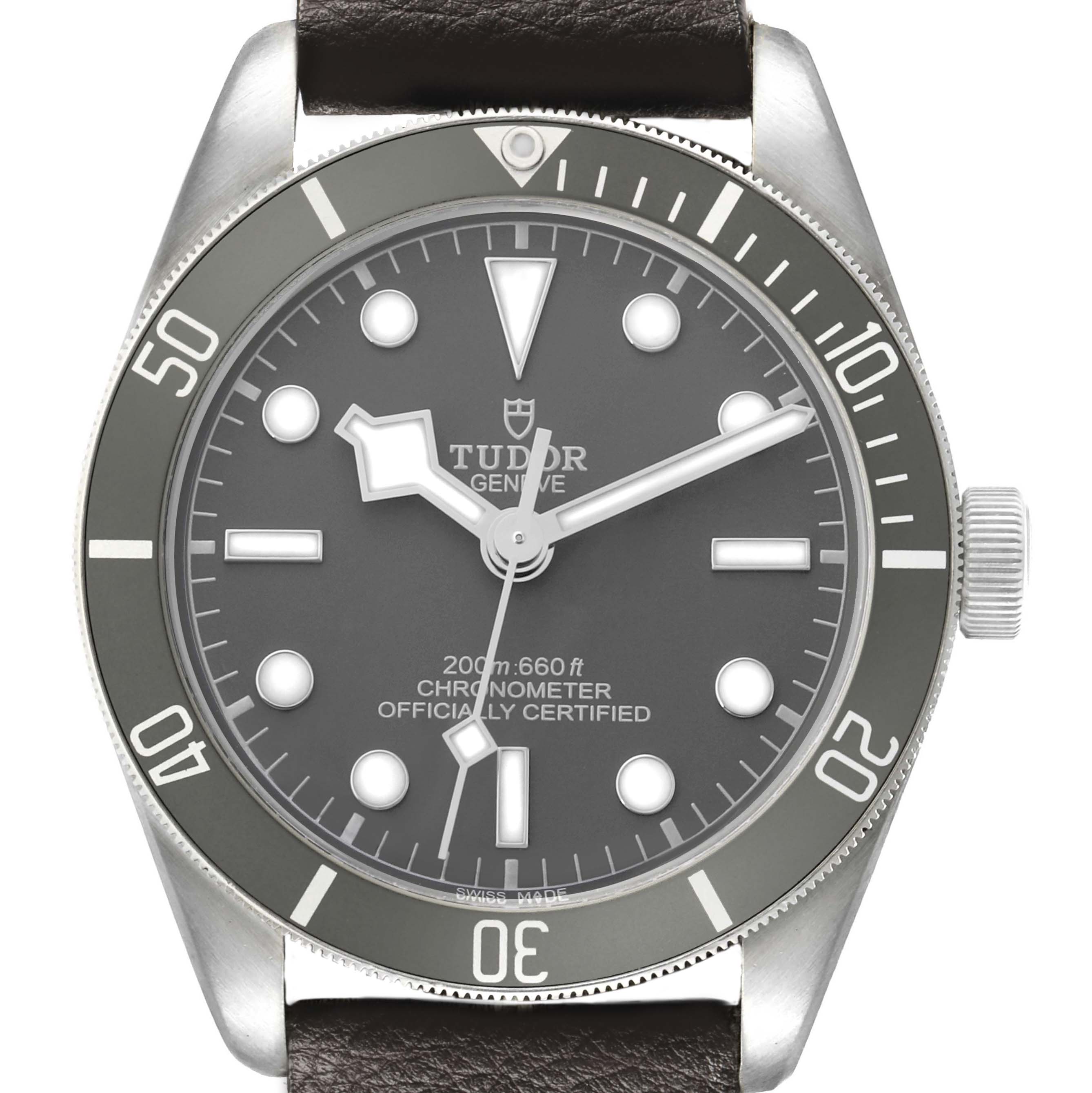 The Tudor Heritage Black Bay M79010SG-0001 Men's Stainless Steel Grey Dial watch is shown from a front angle, displaying the entire face and bezel.