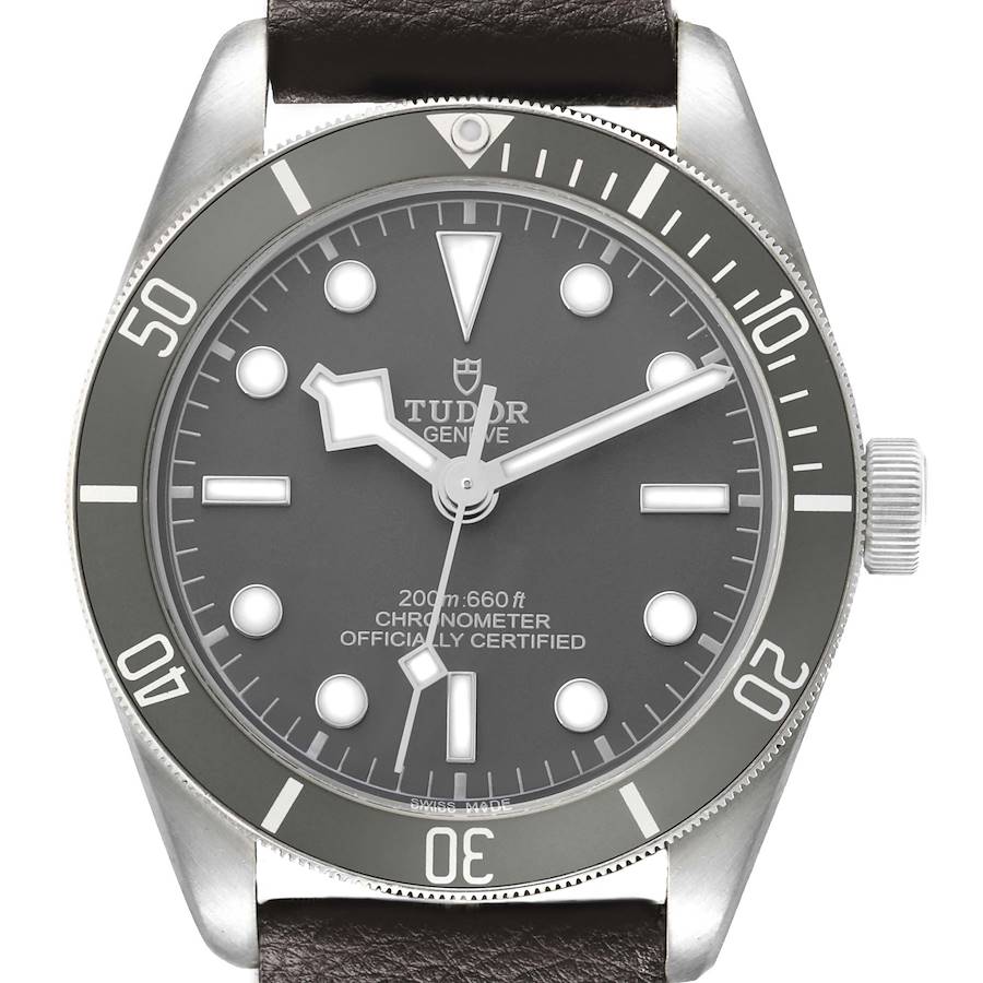 The Tudor Heritage Black Bay M79010SG-0001 Men's Stainless Steel Grey Dial watch is shown from a front angle, displaying the entire face and bezel.