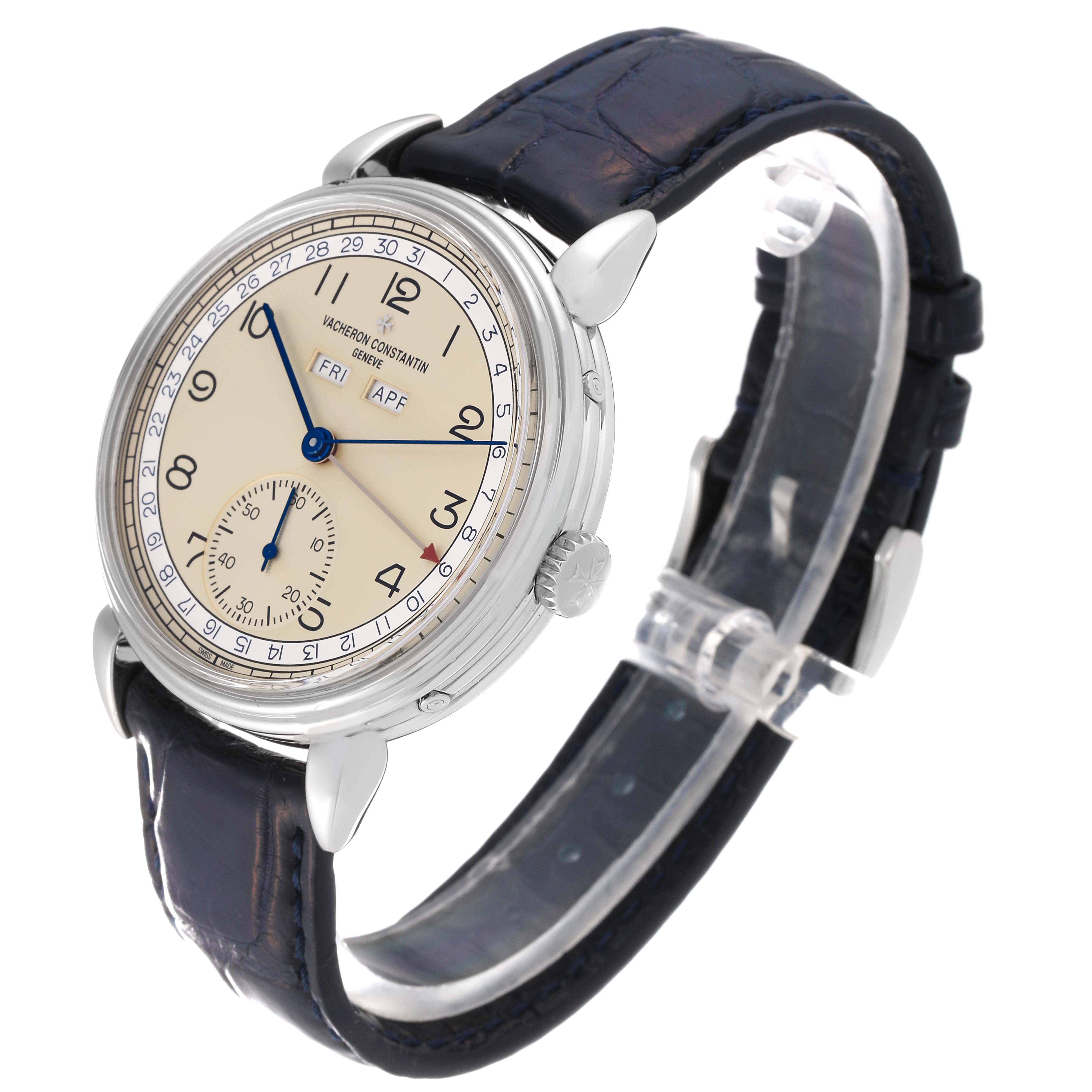 The Vacheron Constantin Historiques 3110V/000A-B426 Men's Stainless Steel Silver Dial 3110V/000A-B426 Men's Stainless Steel Silver Dial watch is shown from the front-left angle, displaying its face, strap, and crown.