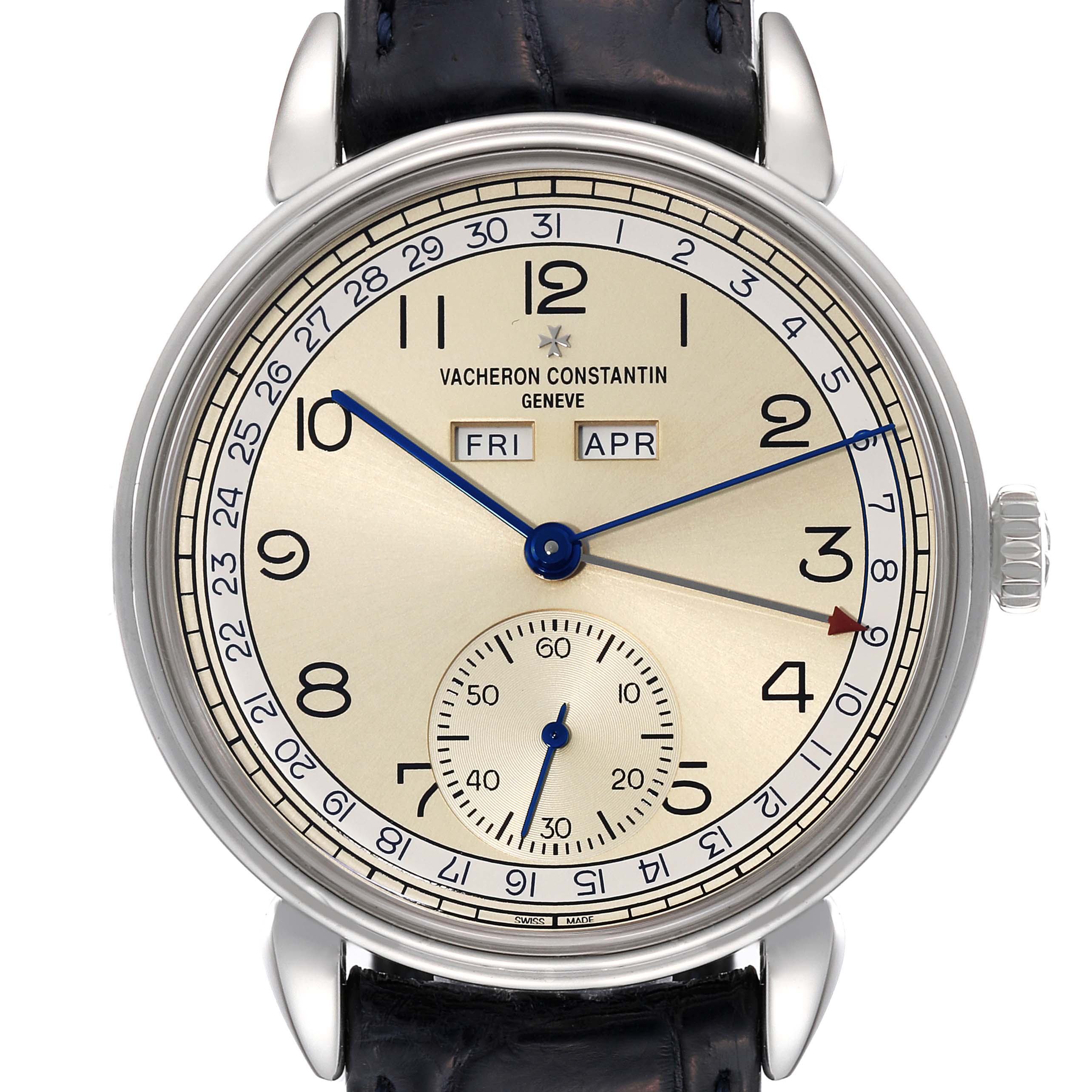 The image shows a Vacheron Constantin Historiques 3110V/000A-B426 Men's Stainless Steel Silver Dial 3110V/000A-B426 Men's Stainless Steel Silver Dial model watch from a frontal angle, highlighting the dial and sub-dial.