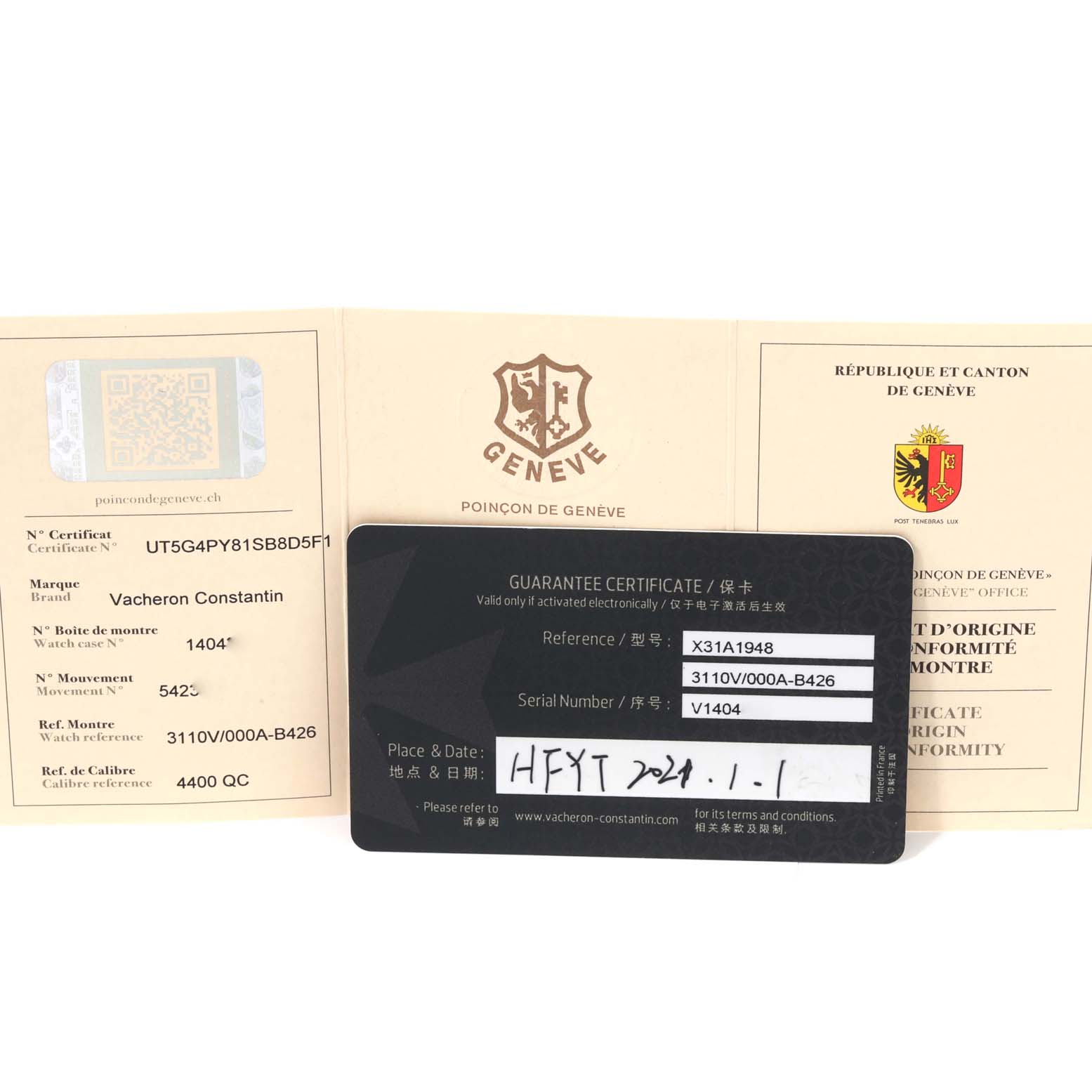 The image shows the guarantee certificate and documentation for a Vacheron Constantin Historiques 3110V/000A-B426 Men's Stainless Steel Silver Dial 3110V/000A-B426 Men's Stainless Steel Silver Dial model, including its serial and reference numbers.