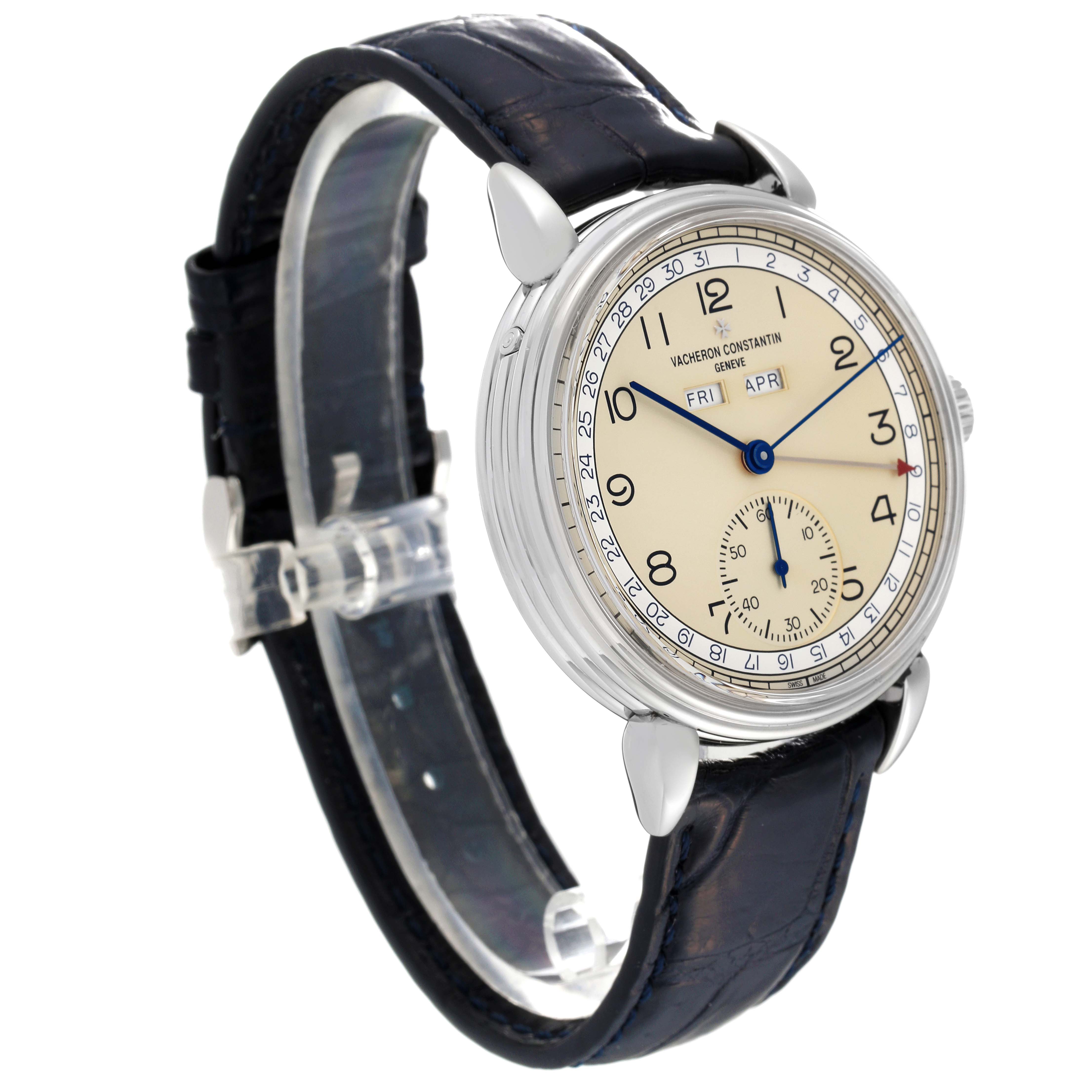 The Vacheron Constantin Historiques 3110V/000A-B426 Men's Stainless Steel Silver Dial 3110V/000A-B426 Men's Stainless Steel Silver Dial watch is shown at a three-quarter angle, highlighting the watch face, strap, and side profile.