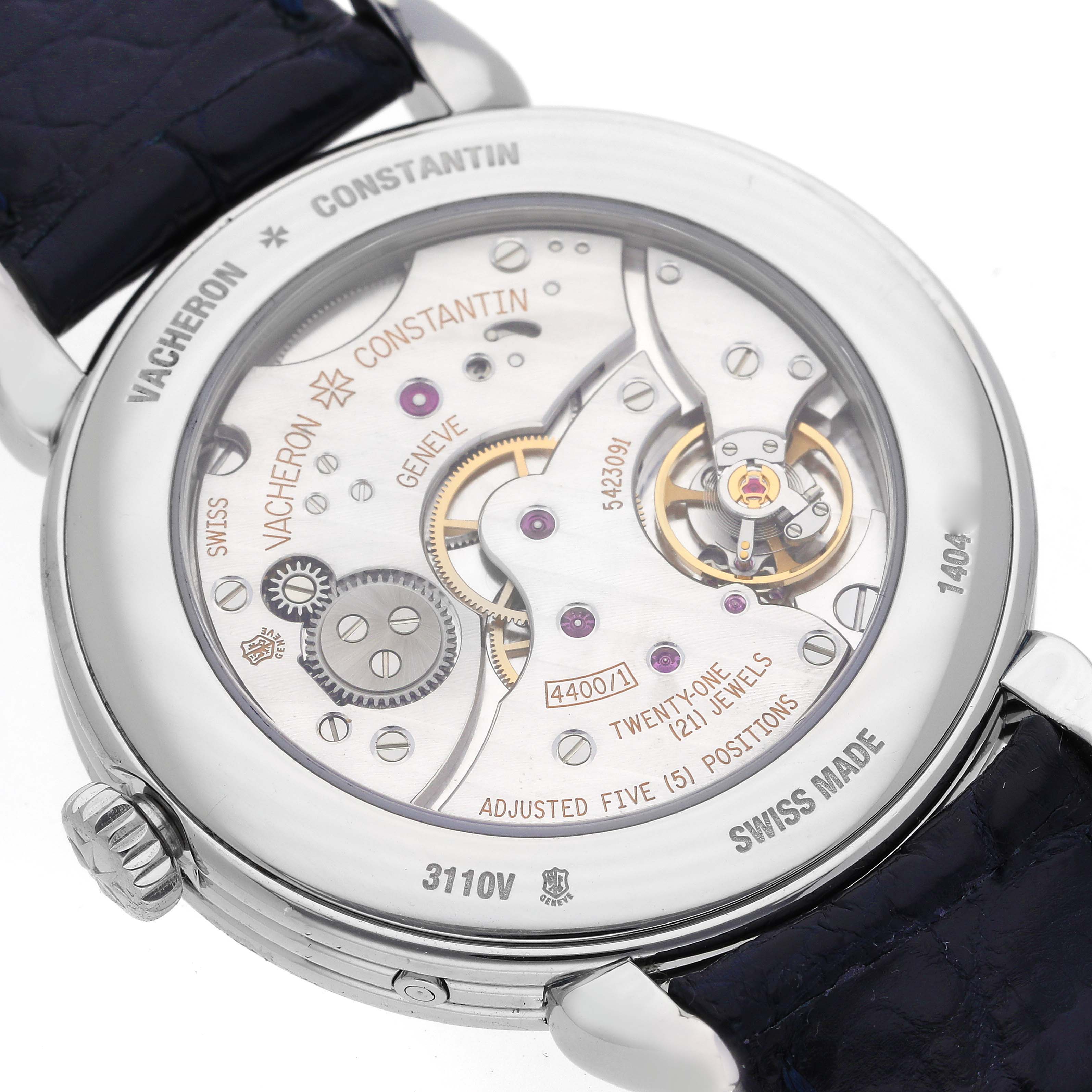 The image shows the back view of a Vacheron Constantin Historiques 3110V/000A-B426 Men's Stainless Steel Silver Dial 3110V/000A-B426 Men's Stainless Steel Silver Dial watch, showcasing its intricate movement details.