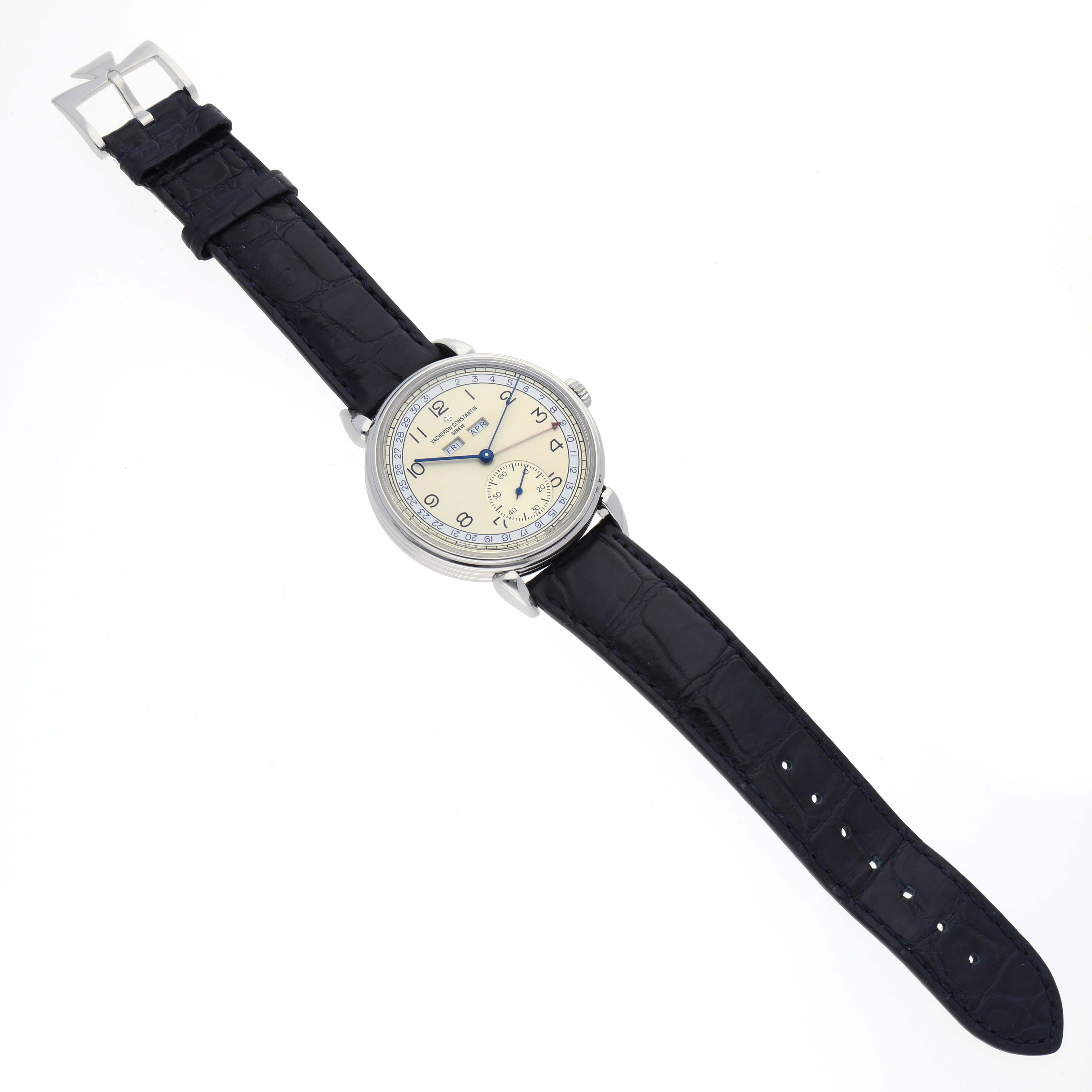 The image shows a Vacheron Constantin Historiques 3110V/000A-B426 Men's Stainless Steel Silver Dial 3110V/000A-B426 Men's Stainless Steel Silver Dial model watch from a top-down angle, displaying the watch face, strap, and buckle.