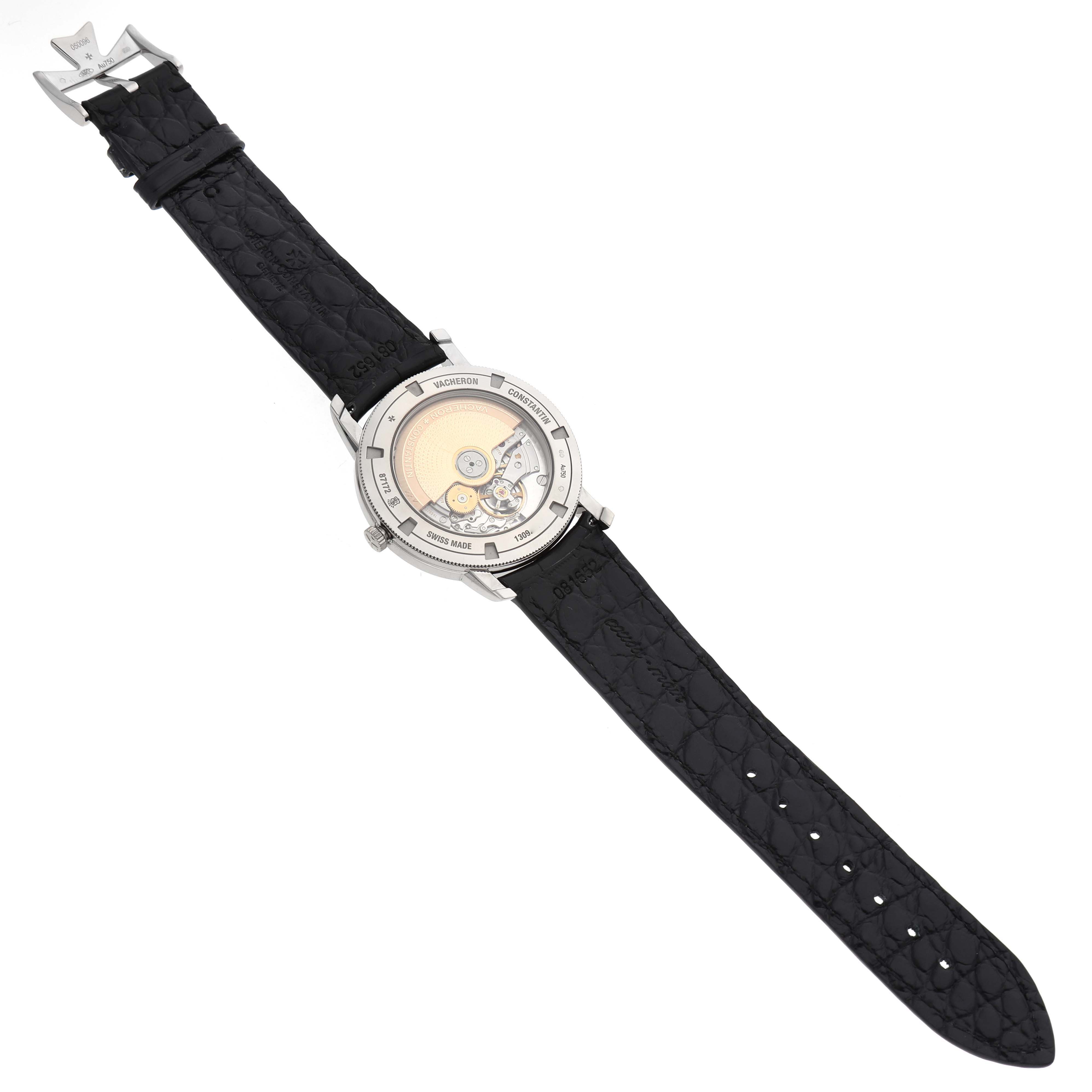 The image shows the back of a Vacheron Constantin Traditionnelle 87172/000G-9301 Men's White Gold Silver Dial watch, highlighting the movement and strap from a top-down angle.