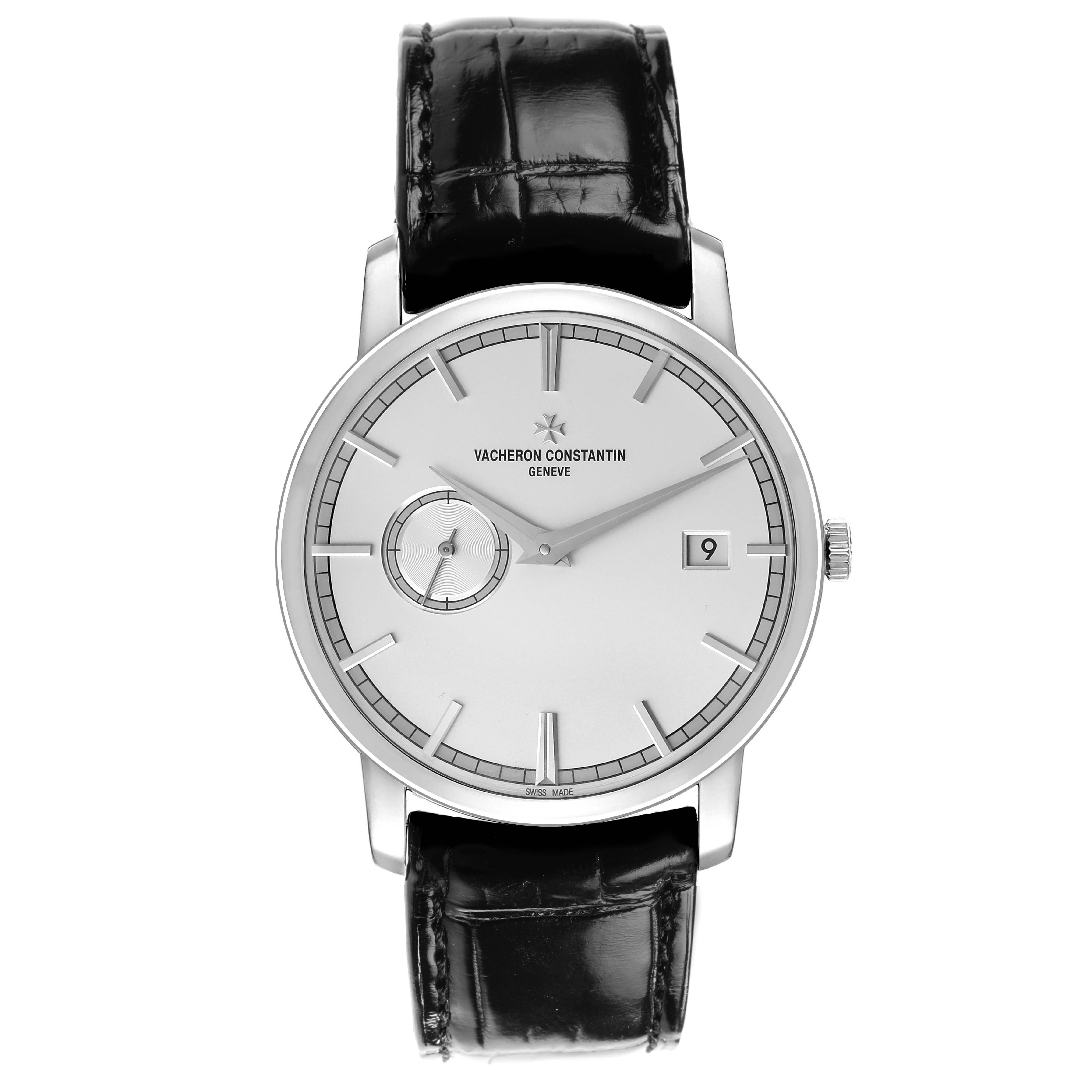 The Vacheron Constantin Traditionnelle 87172/000G-9301 Men's White Gold Silver Dial watch is shown from the front, displaying the face, hands, date window, and leather strap.