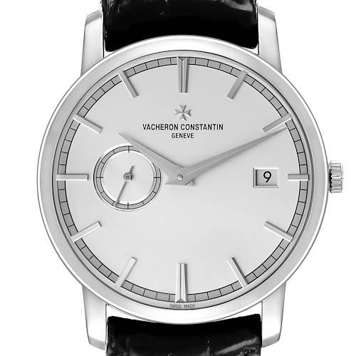The Vacheron Constantin Traditionnelle 87172/000G-9301 Men's White Gold Silver Dial watch is shown from the front, highlighting the dial, hands, small seconds, and date window.