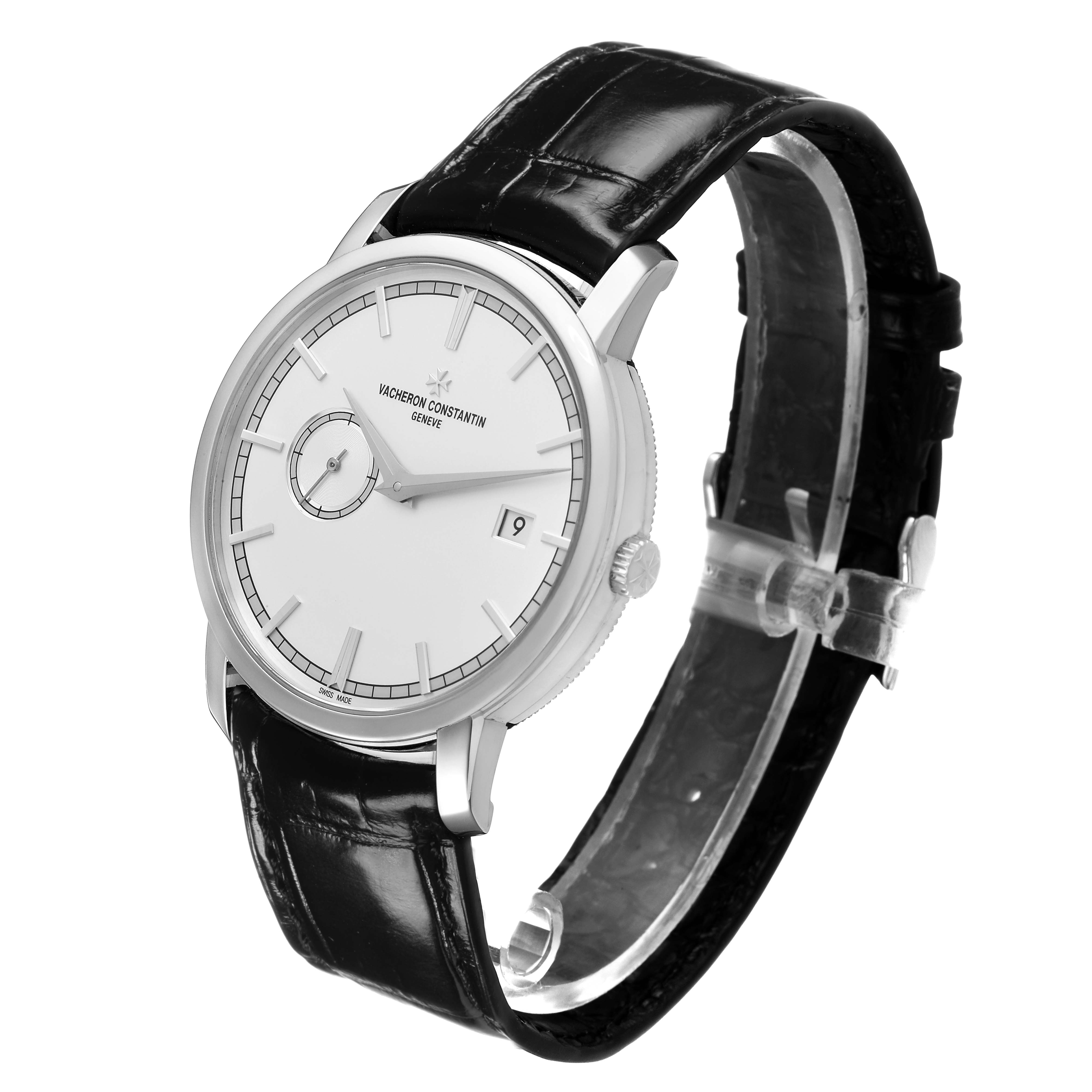 The Vacheron Constantin Traditionnelle 87172/000G-9301 Men's White Gold Silver Dial watch is shown at a three-quarter angle, highlighting the dial, hands, crown, and leather strap.