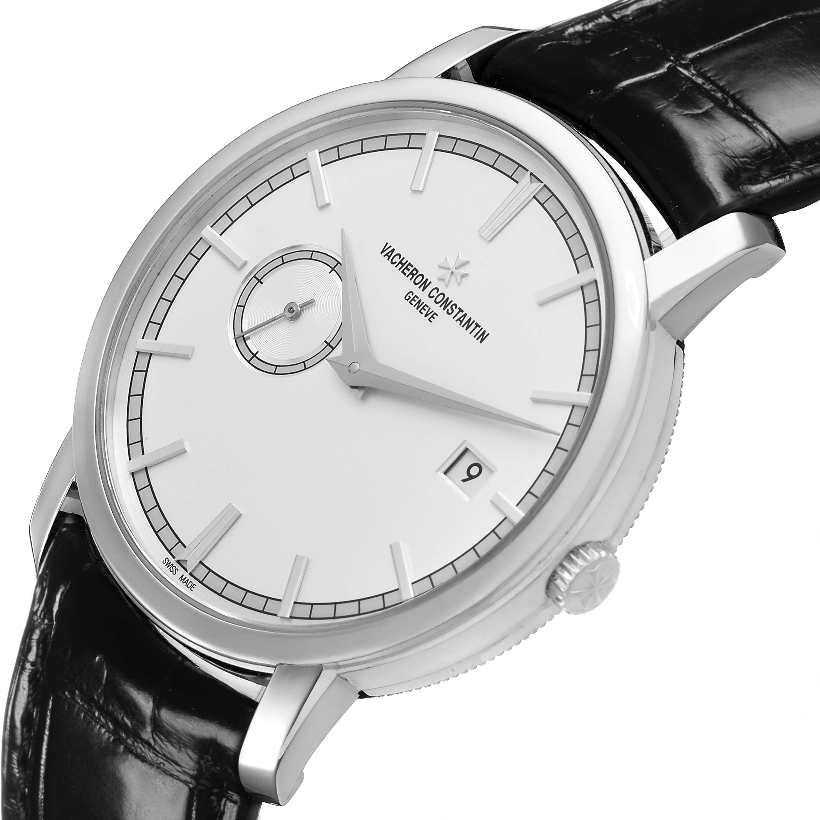 The Vacheron Constantin Traditionnelle 87172/000G-9301 Men's White Gold Silver Dial watch is shown at an angle, displaying the dial, crown, and part of the black leather strap.