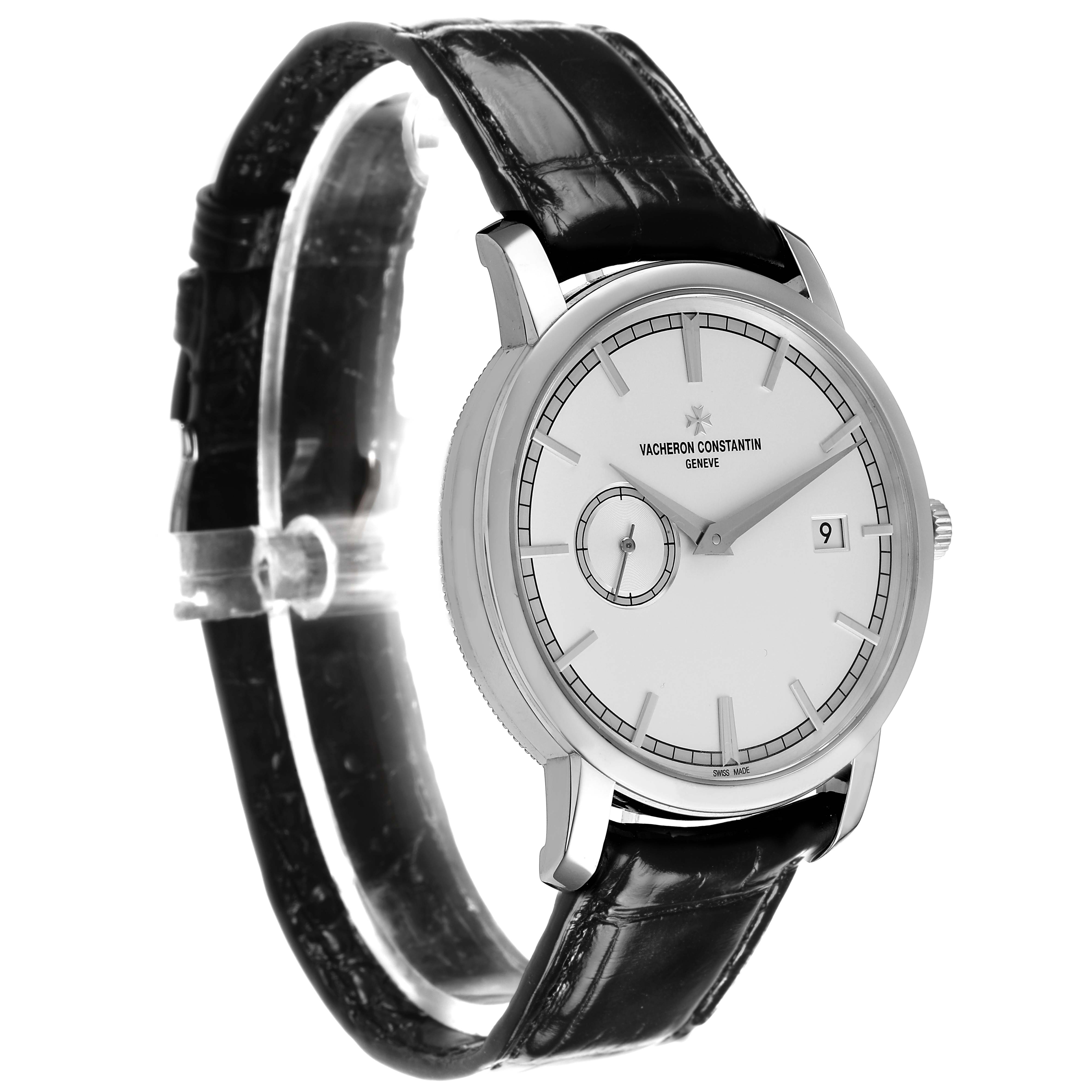 The Vacheron Constantin Traditionnelle 87172/000G-9301 Men's White Gold Silver Dial watch is shown at a three-quarter angle, displaying the face, crown, and black leather strap.