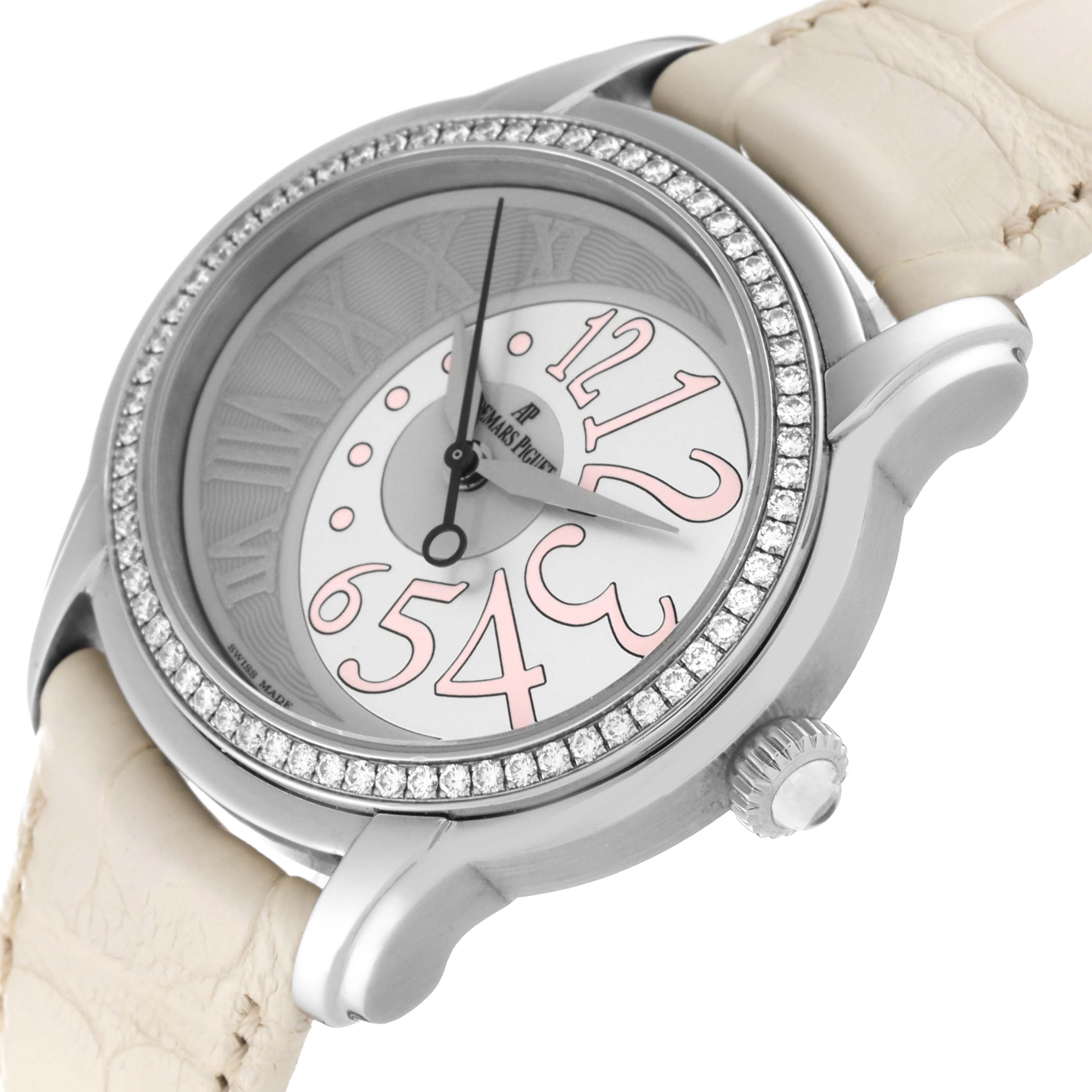 The image shows an Audemars Piguet Millenary 77301ST Women's Stainless Steel Silver Dial 77301ST Women's Stainless Steel Silver Dial watch at an angle highlighting the dial, bezel, case, and leather strap.