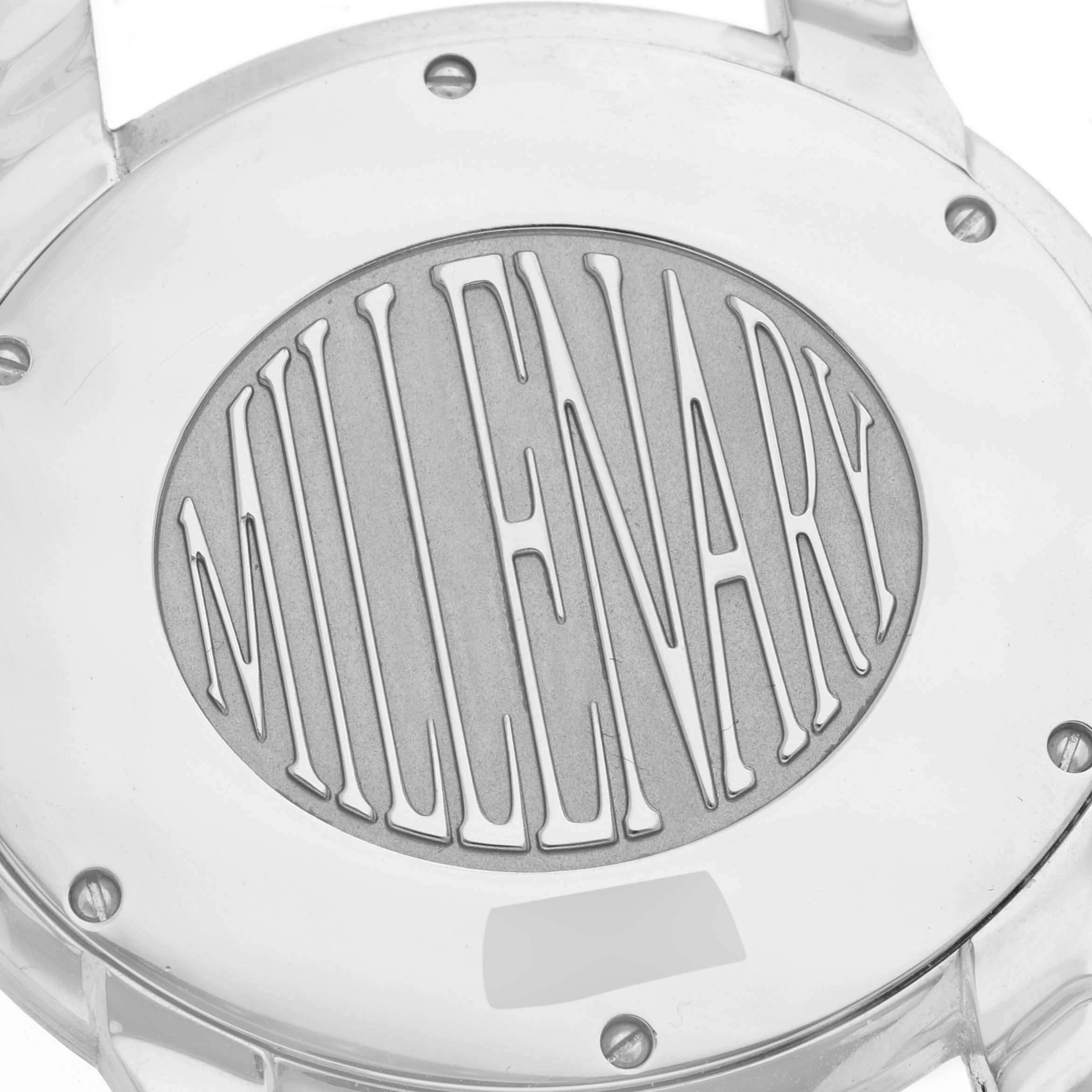 The image shows the back of the Audemars Piguet Millenary 77301ST Women's Stainless Steel Silver Dial 77301ST Women's Stainless Steel Silver Dial watch, focusing on the engraved "Millenary" logo.