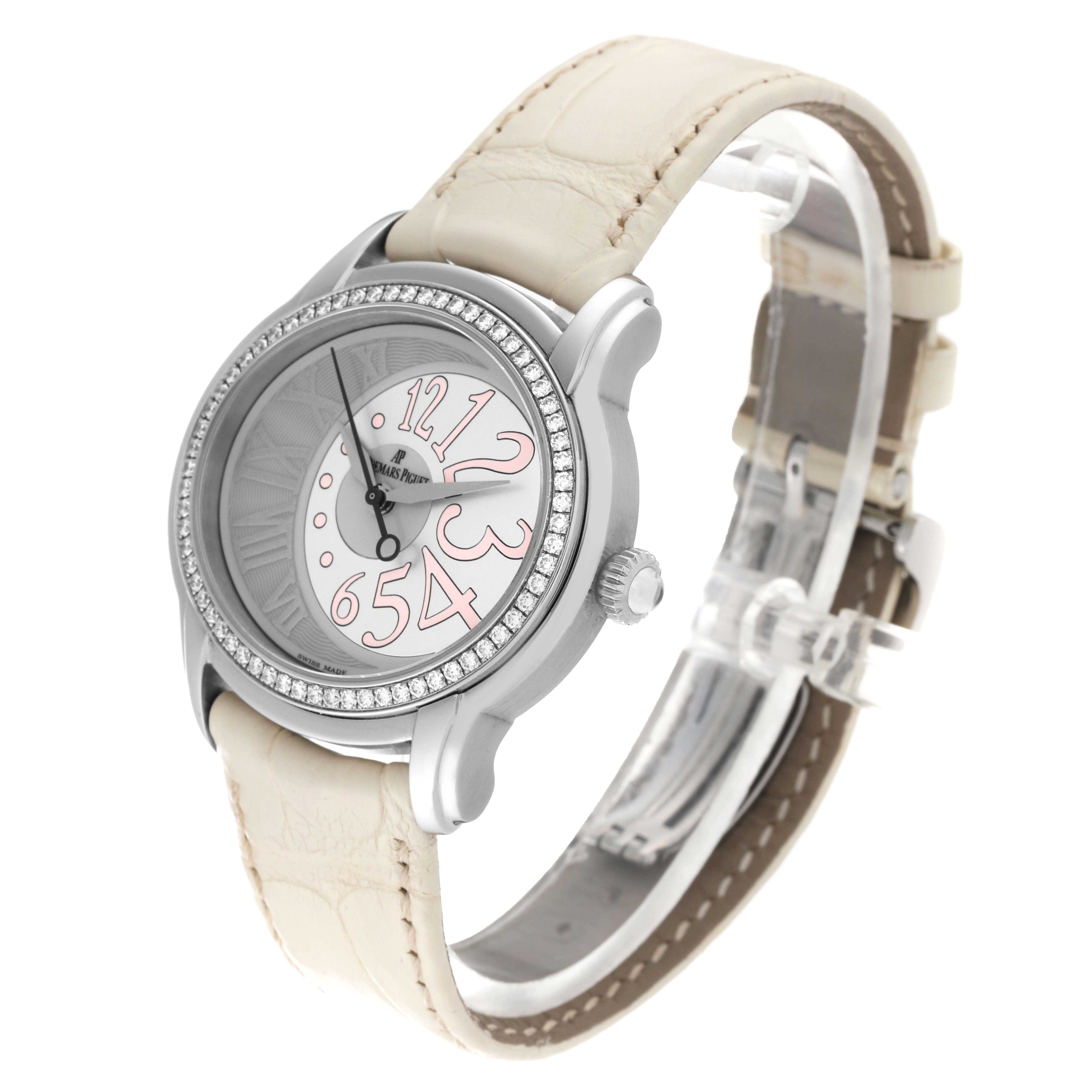 The image shows a side angle of the Audemars Piguet Millenary 77301ST Women's Stainless Steel Silver Dial 77301ST Women's Stainless Steel Silver Dial watch, highlighting its dial, bezel, crown, and beige leather strap.