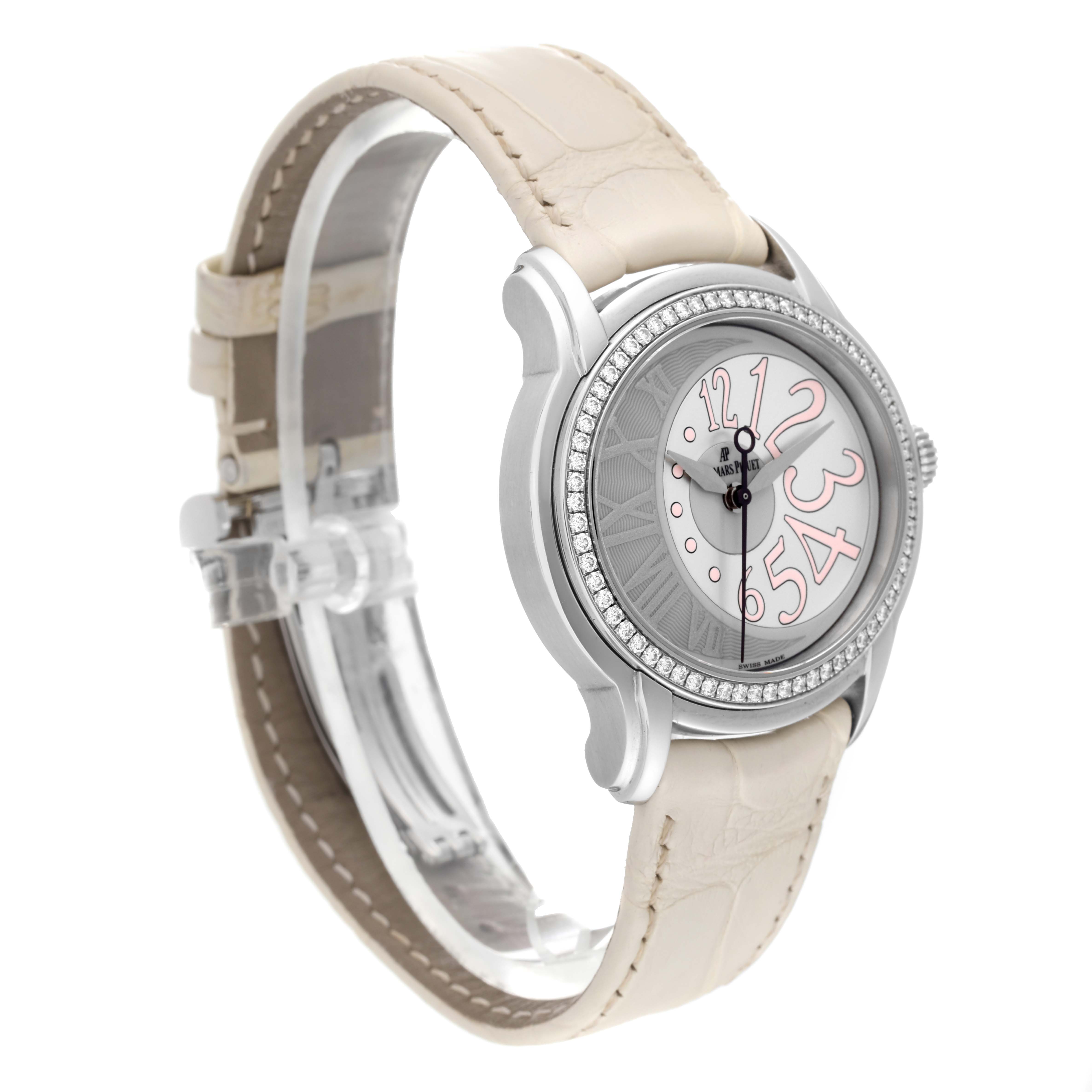 The Audemars Piguet Millenary 77301ST Women's Stainless Steel Silver Dial 77301ST Women's Stainless Steel Silver Dial model watch is shown from a left-side angle, displaying its face, strap, and clasp.