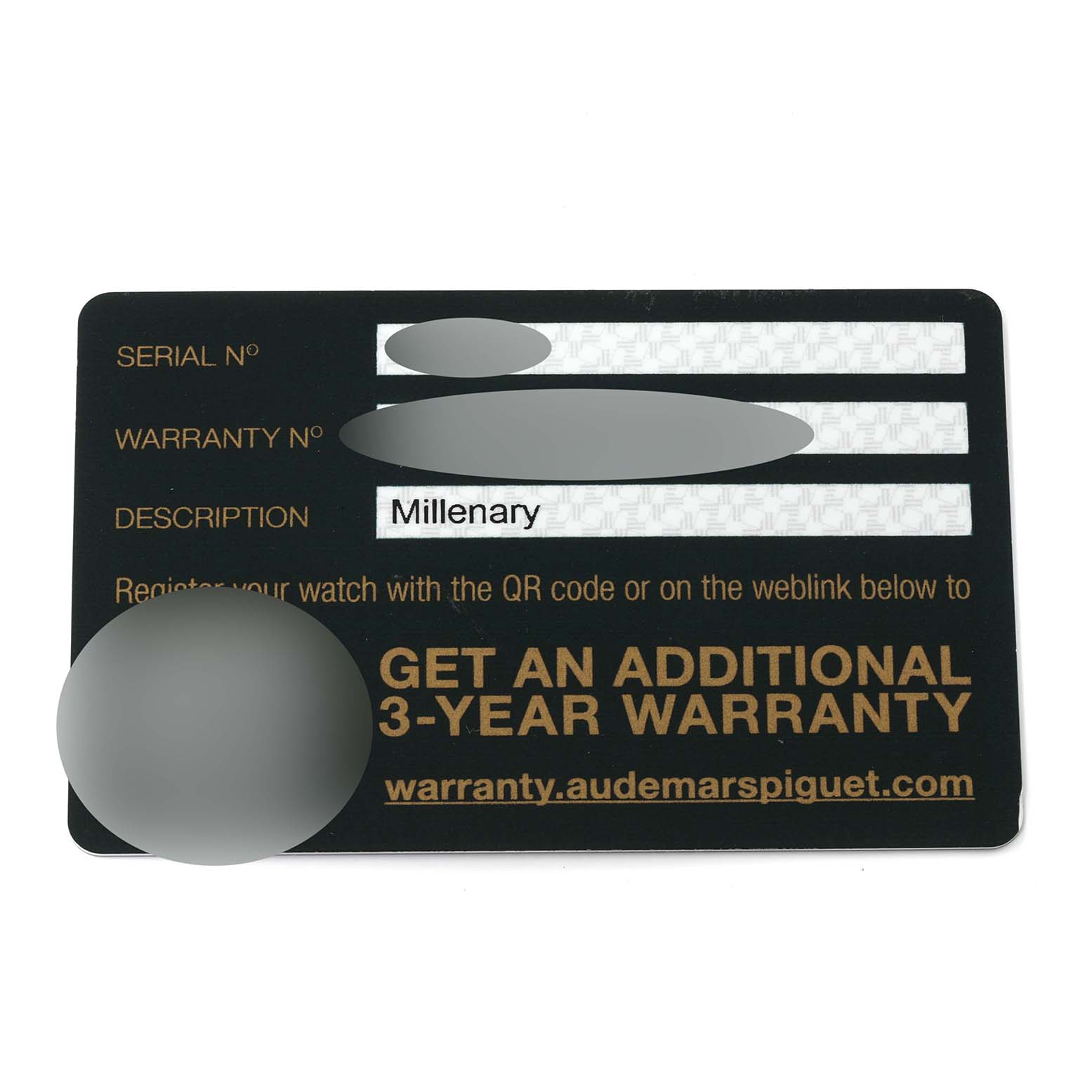 This image shows the warranty card for an Audemars Piguet Millenary 77247BC.ZZ.A813CR.01 Women's White Gold Mother of Pearl Dial 77247BC.ZZ.A813CR.01 Women's White Gold Mother of Pearl Dial watch, detailing serial and warranty numbers.