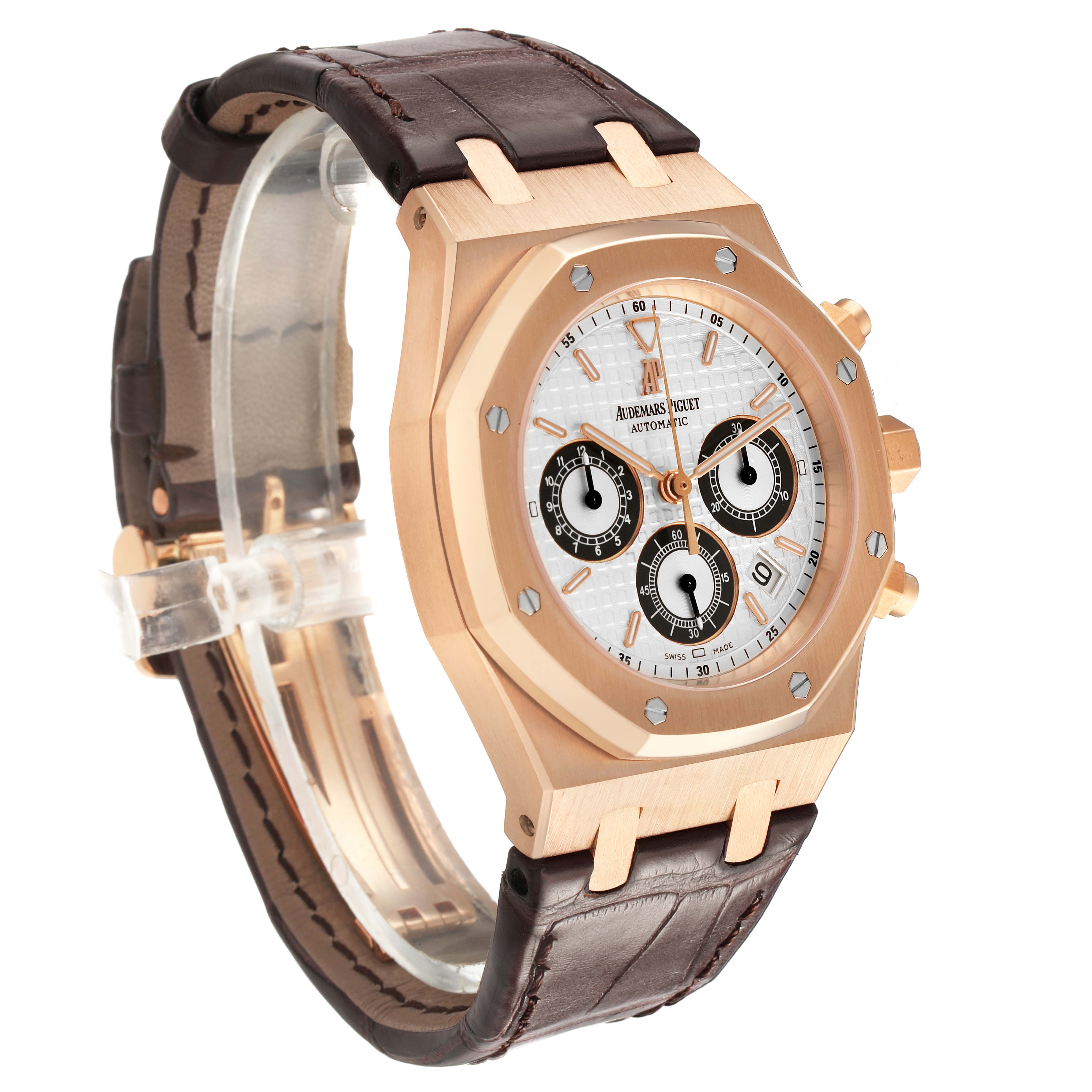 The Audemars Piguet Royal Oak 26022OR.OO.D098CR.01 Men's Rose Gold Silver Dial watch is shown at a three-quarter angle highlighting the case, bezel, dial, subdials, crown, and leather strap.
