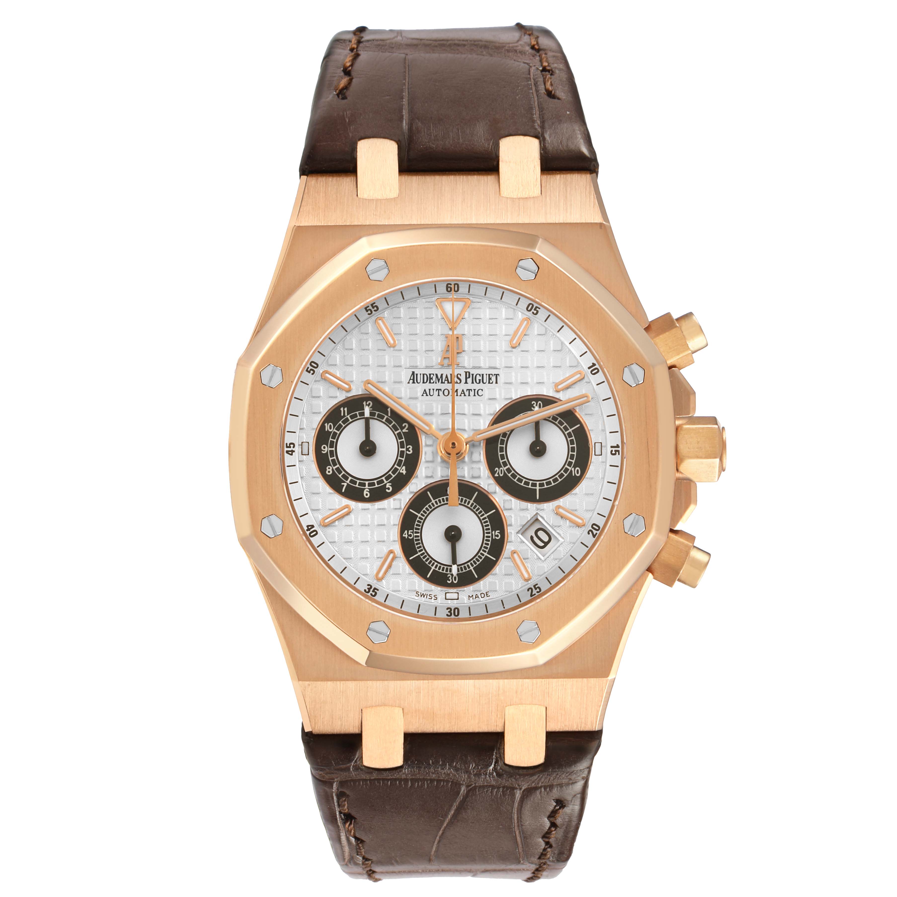 The Audemars Piguet Royal Oak 26022OR.OO.D098CR.01 Men's Rose Gold Silver Dial watch is shown from the front, displaying its dial, bezel, crown, pushers, and leather strap.