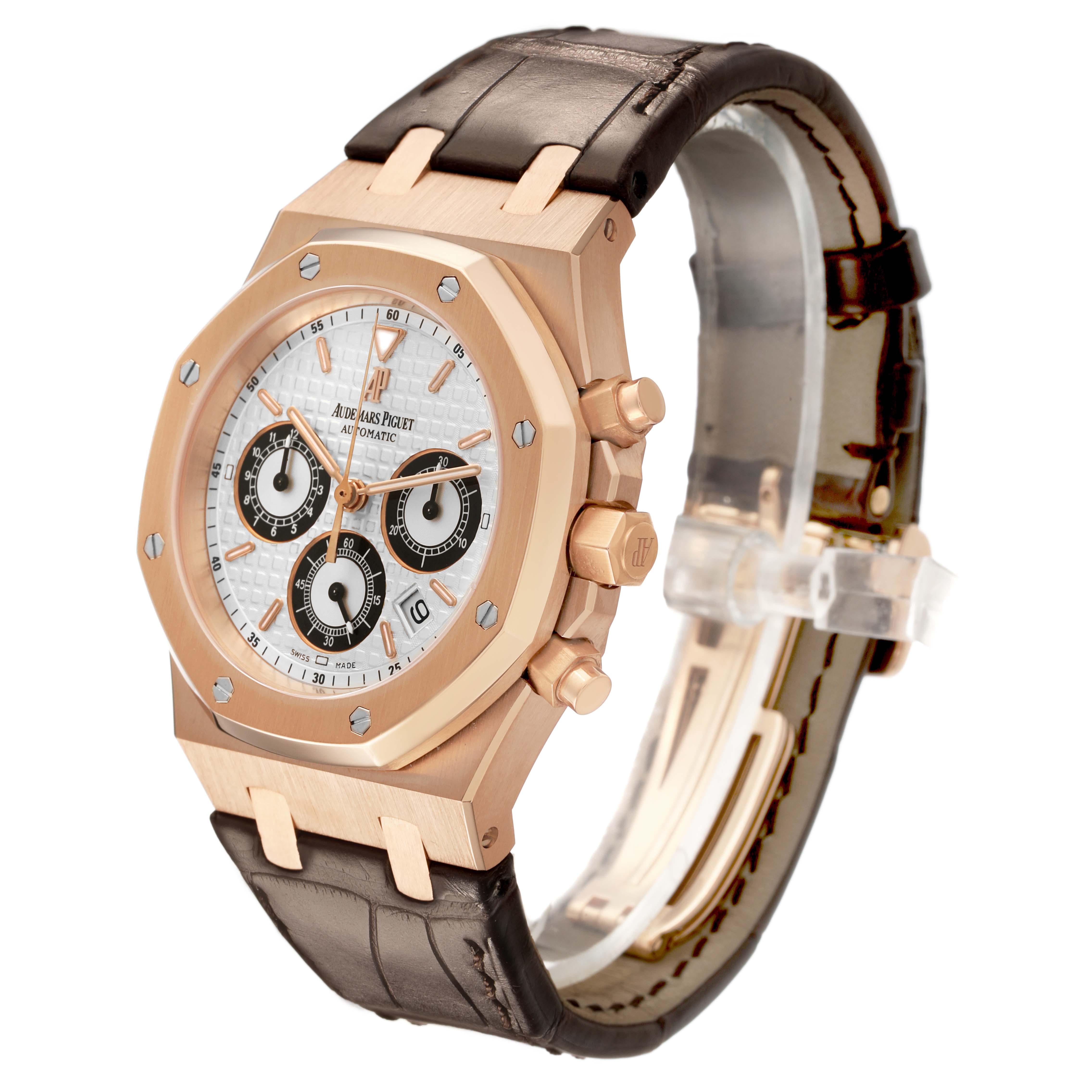 The Audemars Piguet Royal Oak 26022OR.OO.D098CR.01 Men's Rose Gold Silver Dial watch is shown at a three-quarter angle, featuring the face, case, strap, and side buttons.