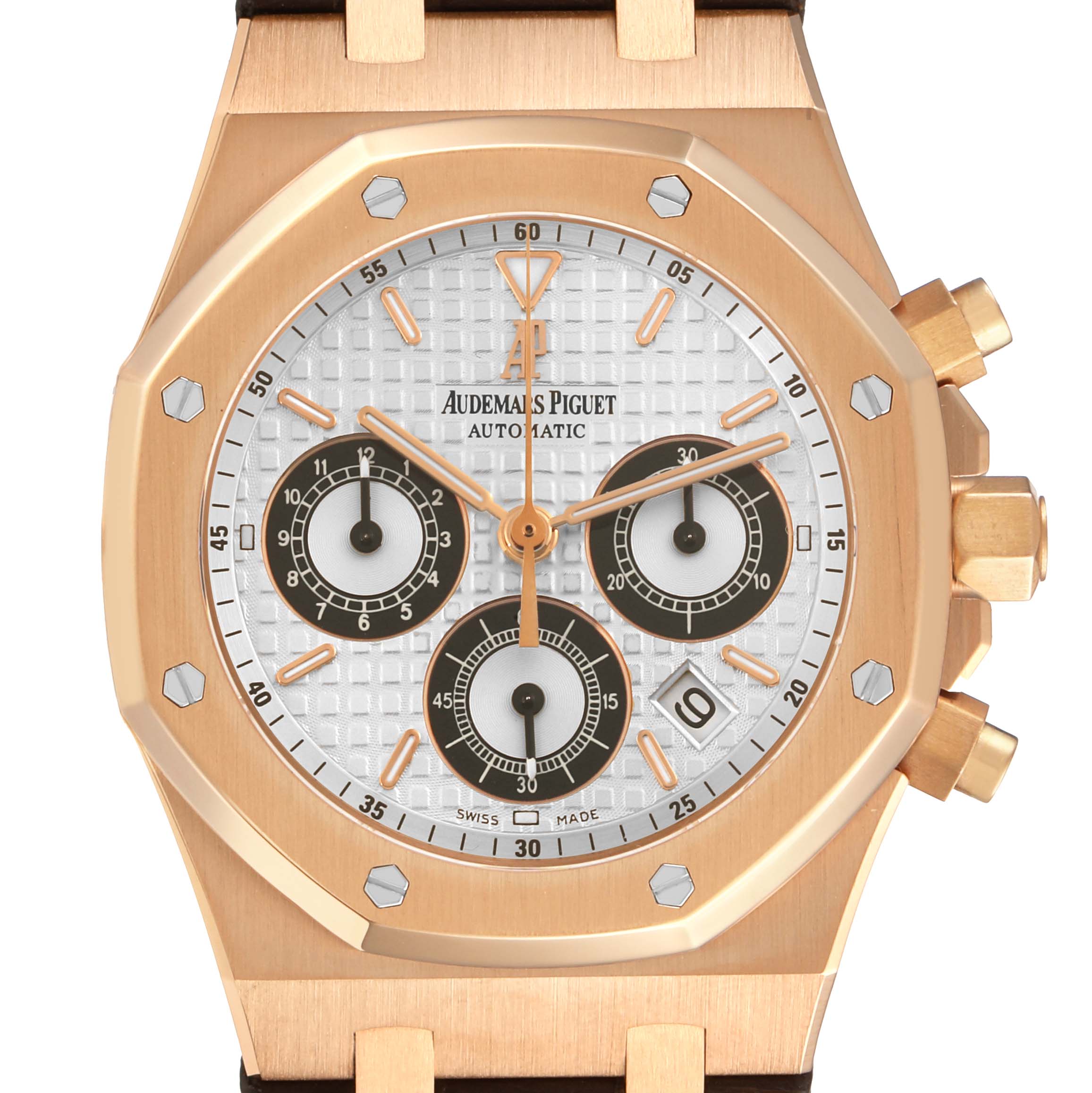 The image shows a front view of the Audemars Piguet Royal Oak 26022OR.OO.D098CR.01 Men's Rose Gold Silver Dial watch, highlighting its dial, chronograph subdials, and side pushers.