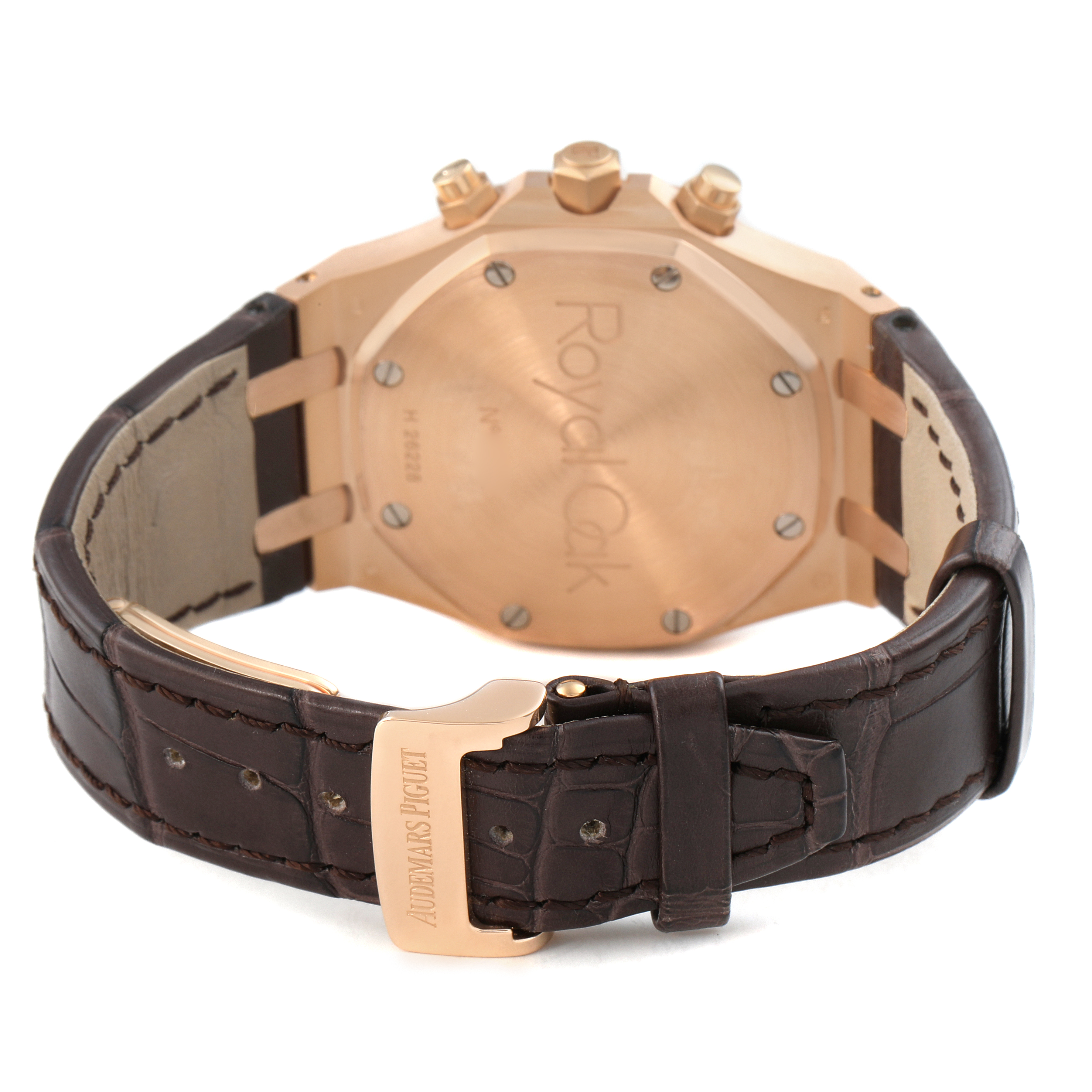 The image shows the back of the Royal Oak by Audemars Piguet, featuring the clasp and watch case back.